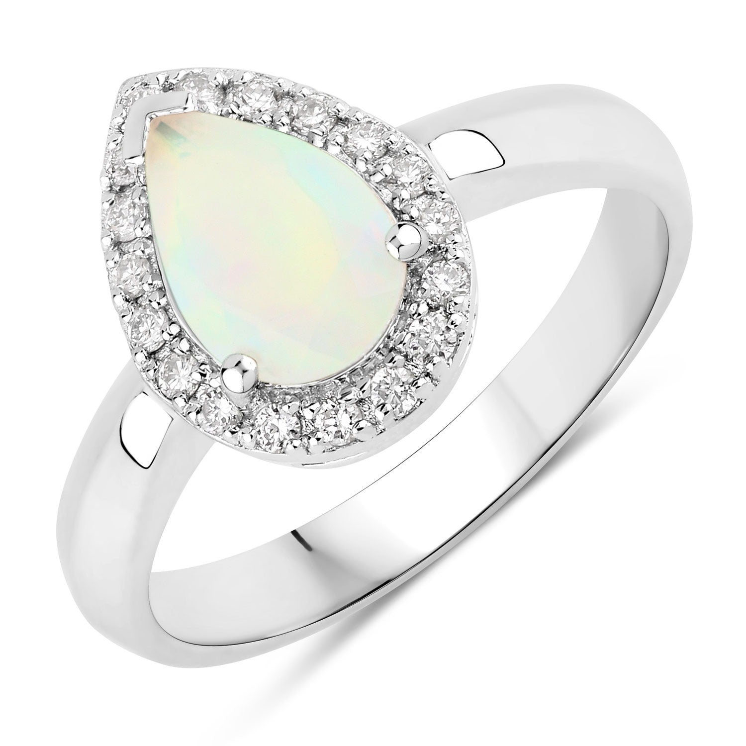 1.08 Ct Genuine Ethiopian Opal and Lab Diamond Silver Teardrop Ring