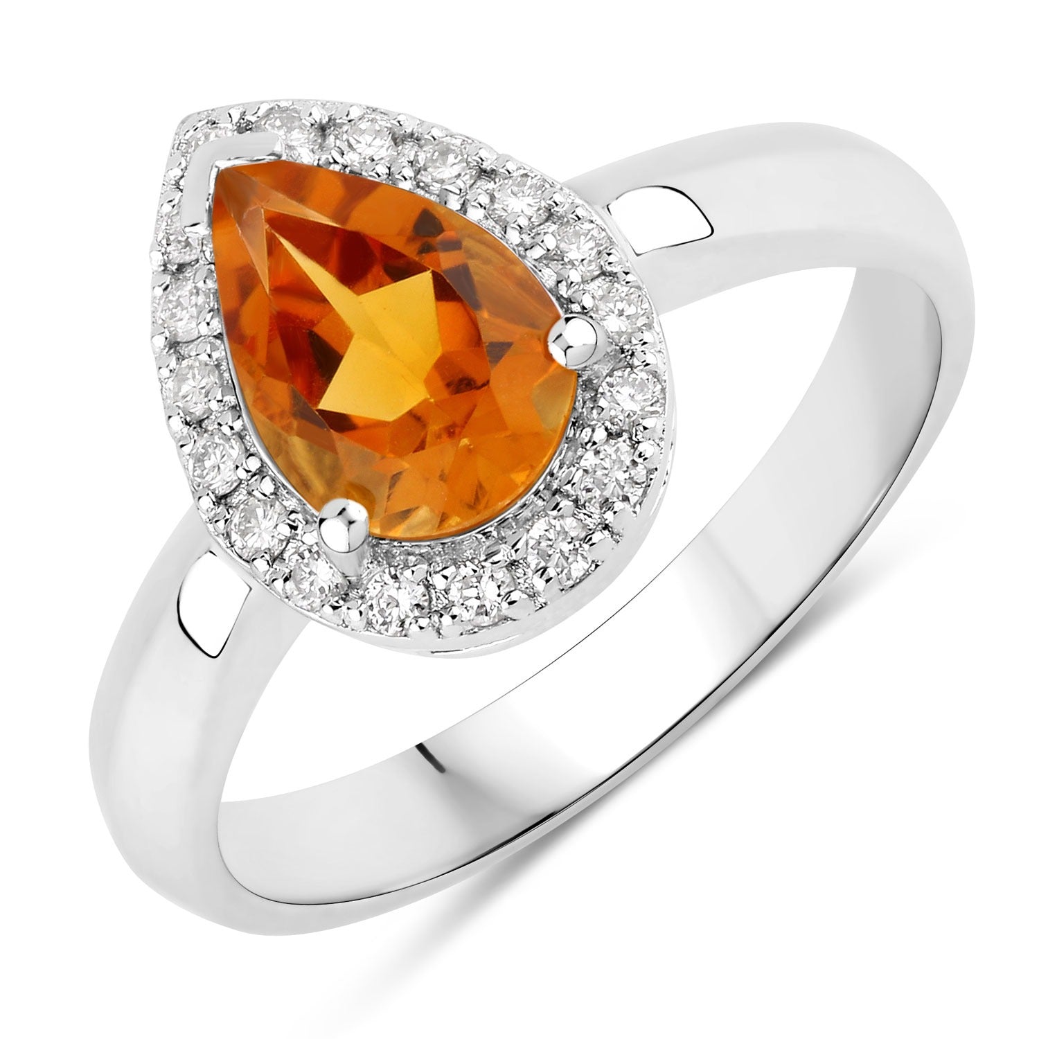 1.23 Ct Genuine Pear-Shaped Citrine and Diamond Silver Halo Ring