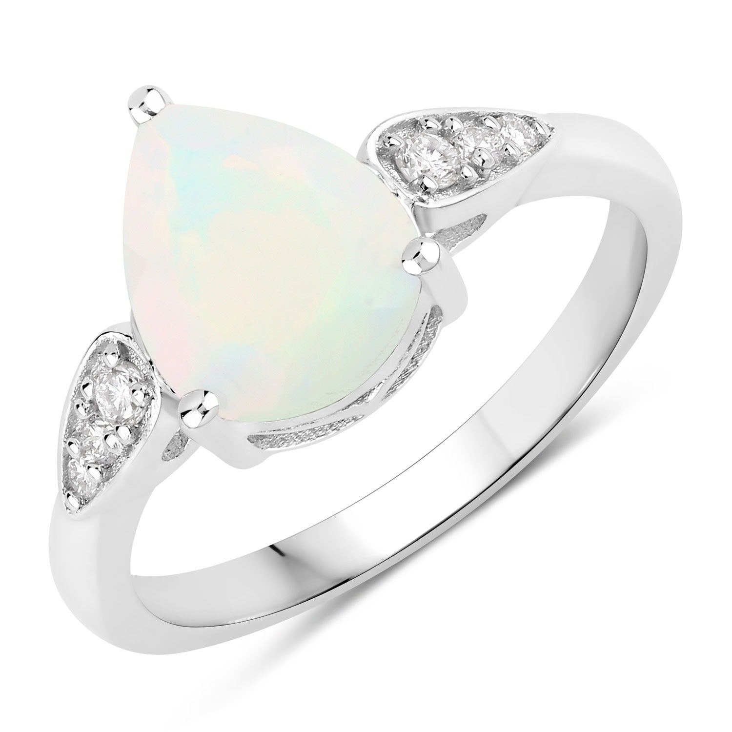 1.51 Ct Genuine Pear Ethiopian Opal and Lab Grown Diamond Silver Ring