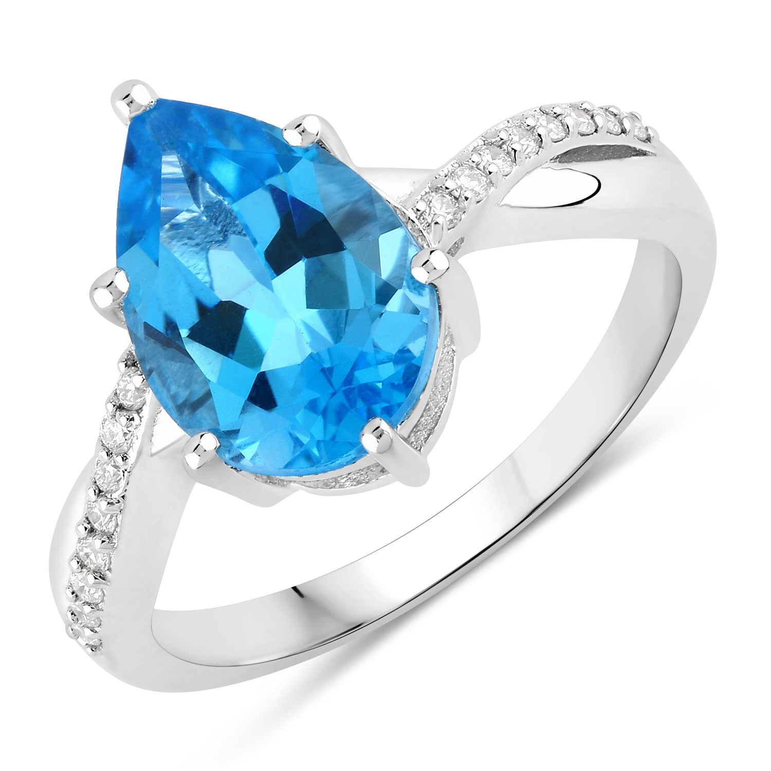 3.62 Ct Genuine Pear Shaped Swiss Blue Topaz and Lab Diamond Silver Bypass Ring