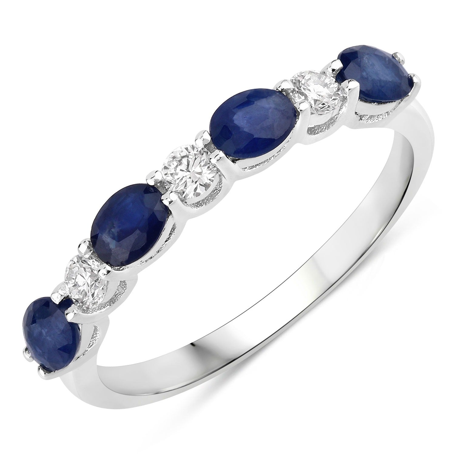 1.06 Ct Genuine Blue Sapphire and Lab Diamond Eternity Silver Ring