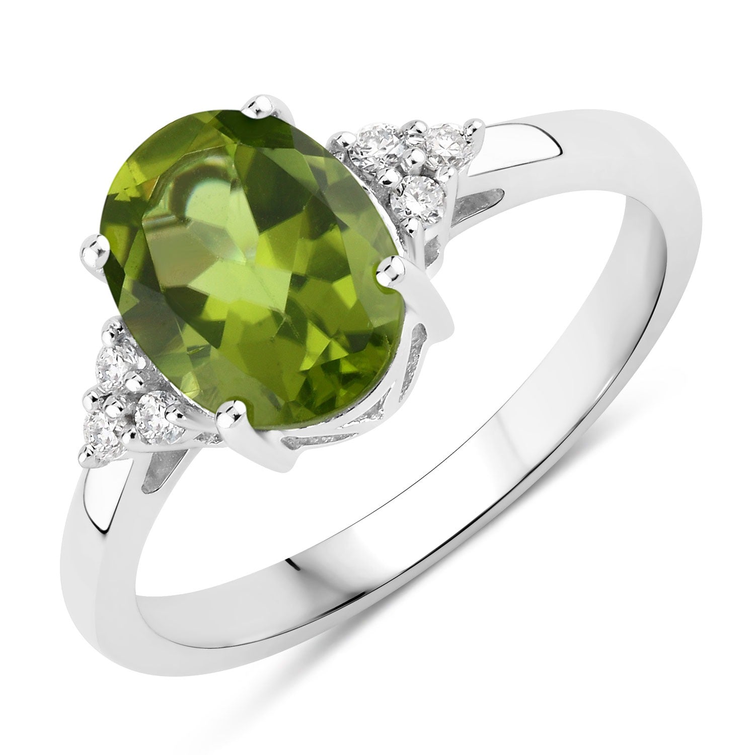 1.79 Ct Genuine Peridot and Lab Diamond Silver Oval Cocktail Ring