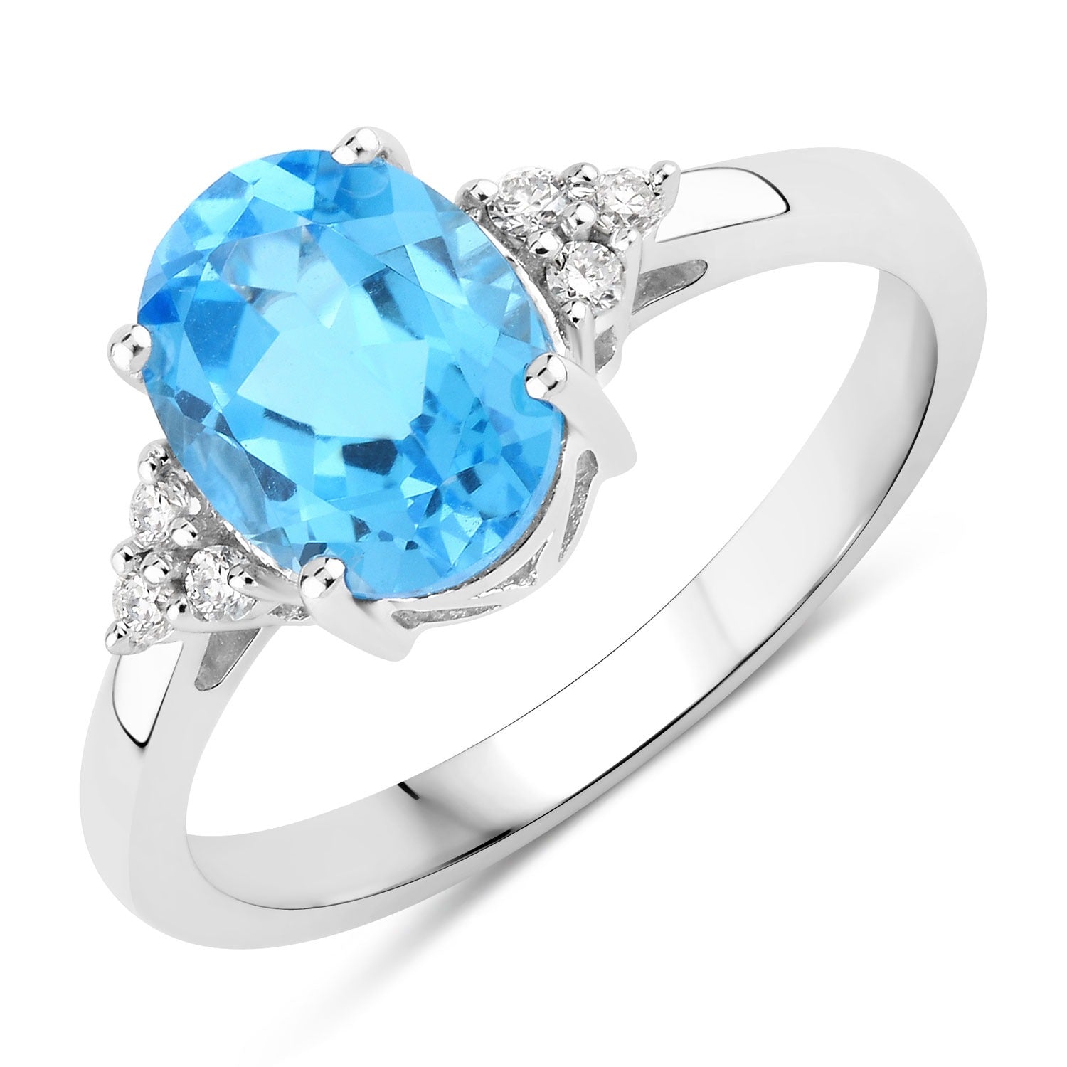 2.09 Ct Genuine Swiss Blue Topaz and Lab Diamond Silver Oval Cocktail Ring
