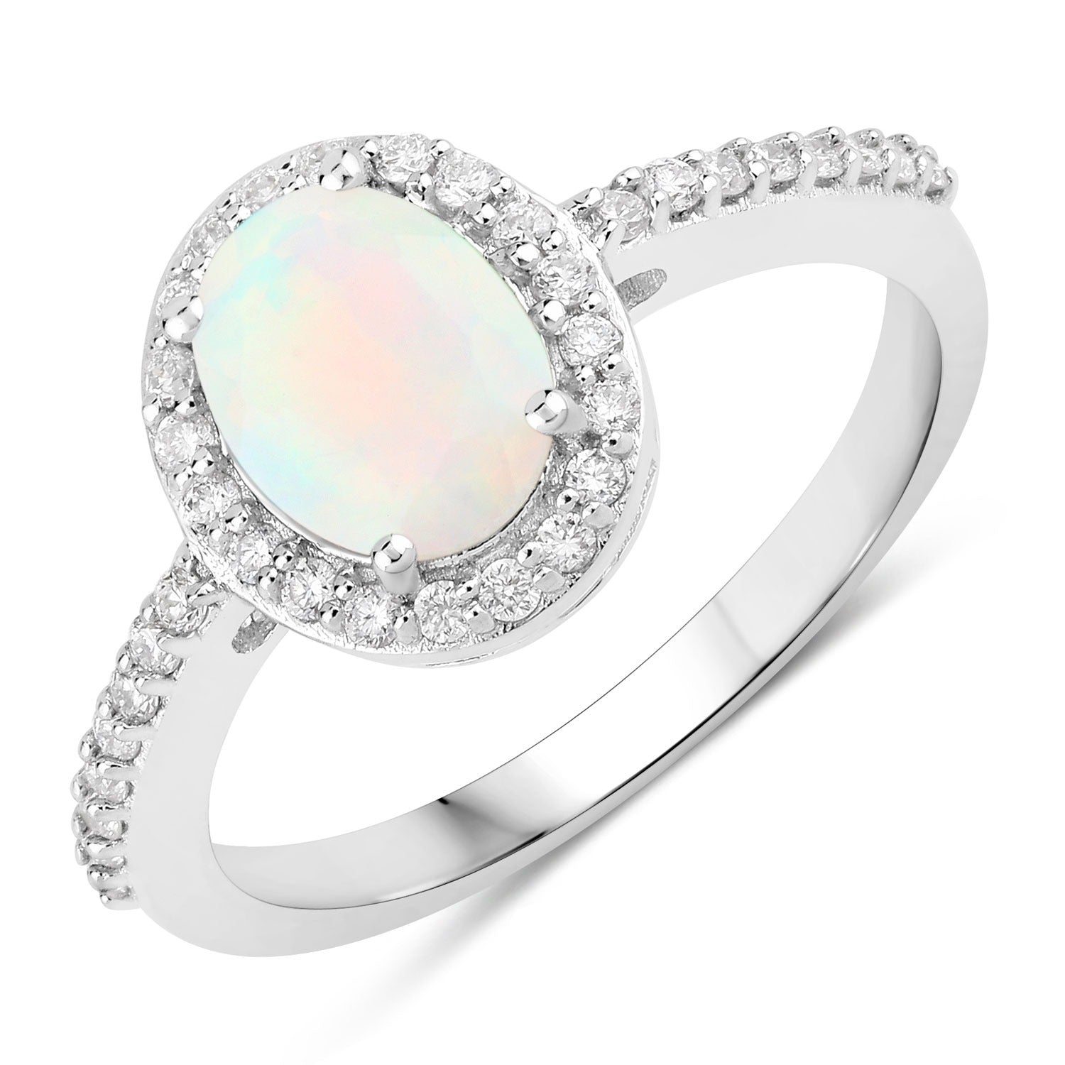 0.92 Ct Genuine Ethiopian Opal and Lab Diamond Silver Halo Pave Ring