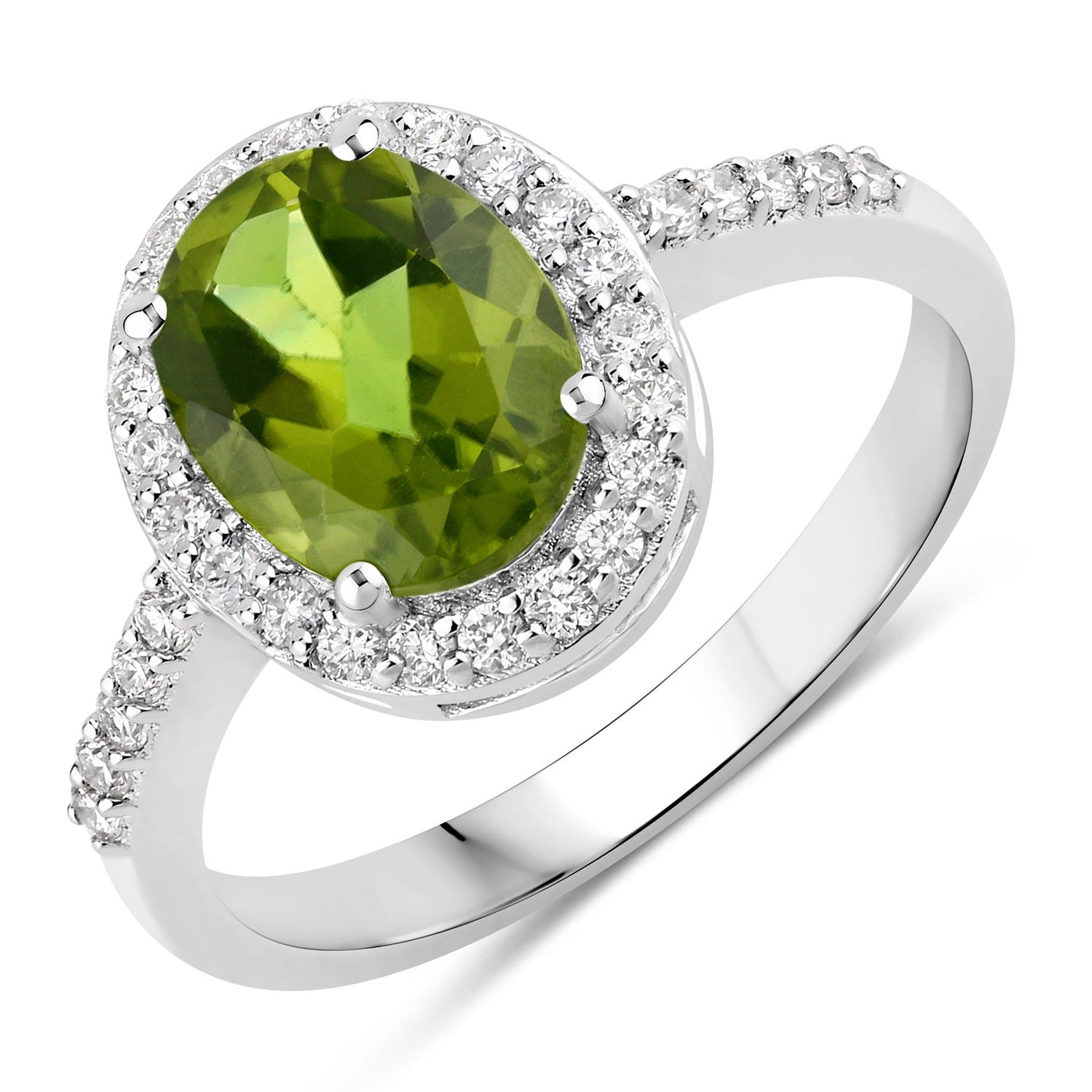 2.02 Ct Genuine Green Peridot and Lab Diamond Silver Halo Ring