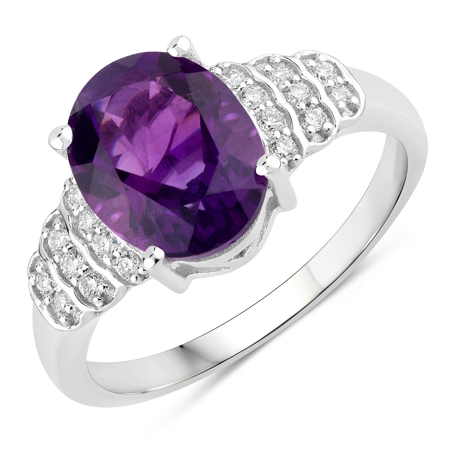 2.34 Ct Genuine Oval Amethyst and Lab Diamond Silver Ring
