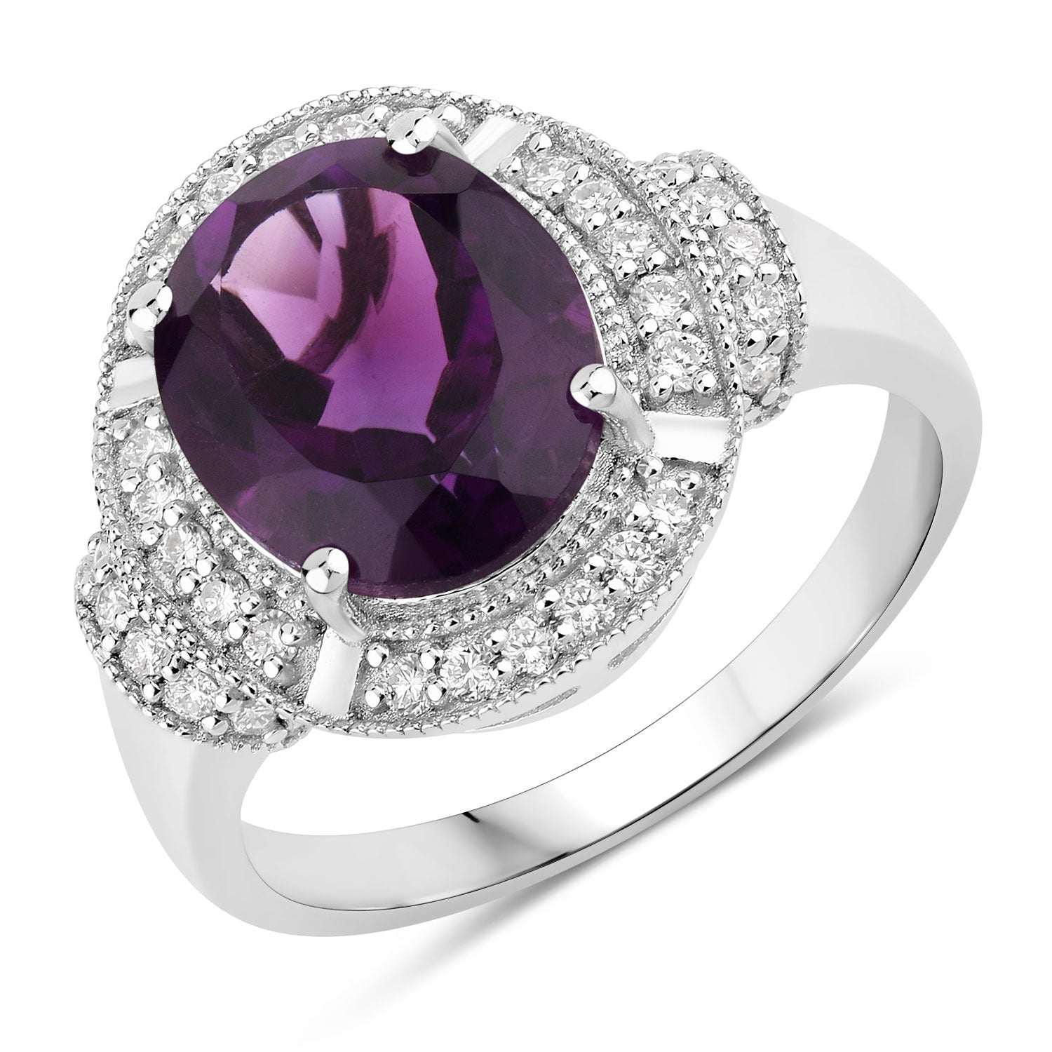 3.54 Ct Genuine Amethyst and Lab Diamond Silver Statement Ring Fine Color Jewels