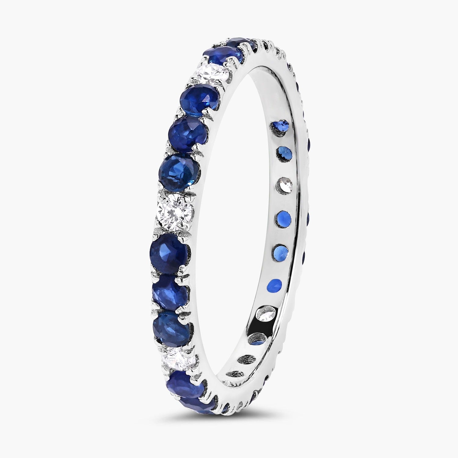 1.26 Ct Genuine Blue Sapphire and Lab Diamond Silver Eternity Ring Fine Color Jewels