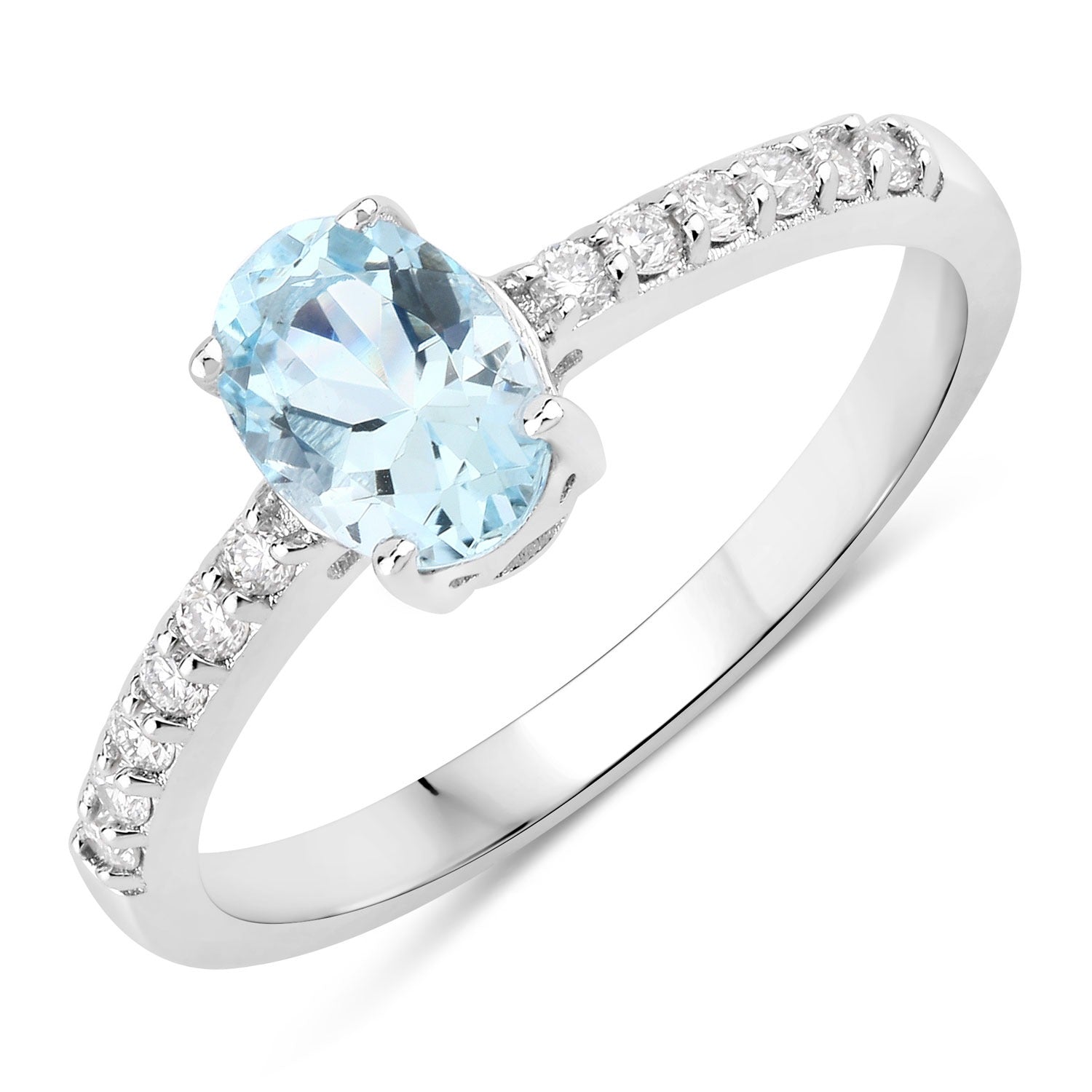 0.78 Ct Genuine Aquamarine and Lab Diamond Silver Oval Pave Ring Fine Color Jewels