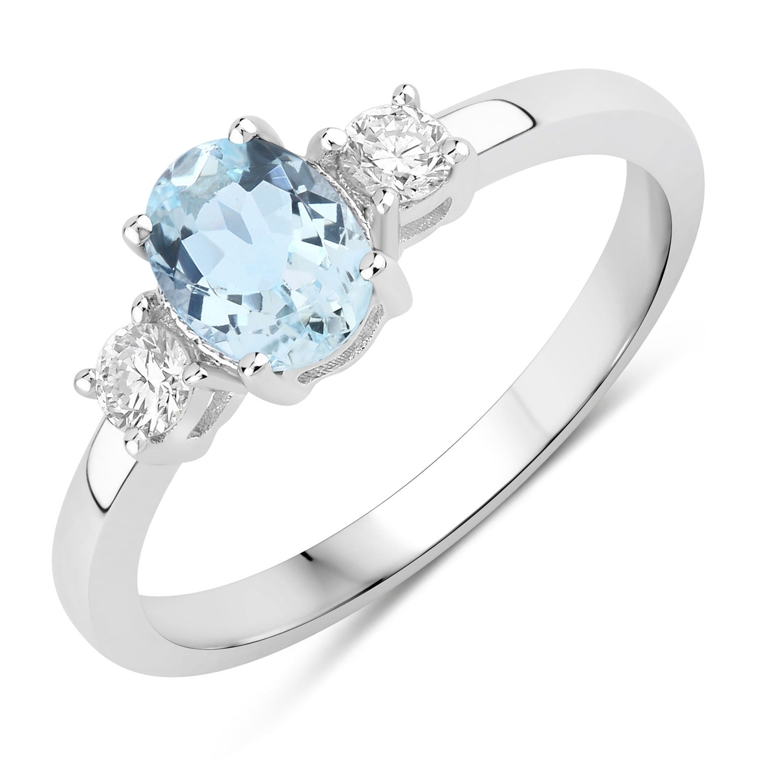 0.80 Ct Genuine Aquamarine and Lab Diamond Silver Oval Trilogy Ring Fine Color Jewels