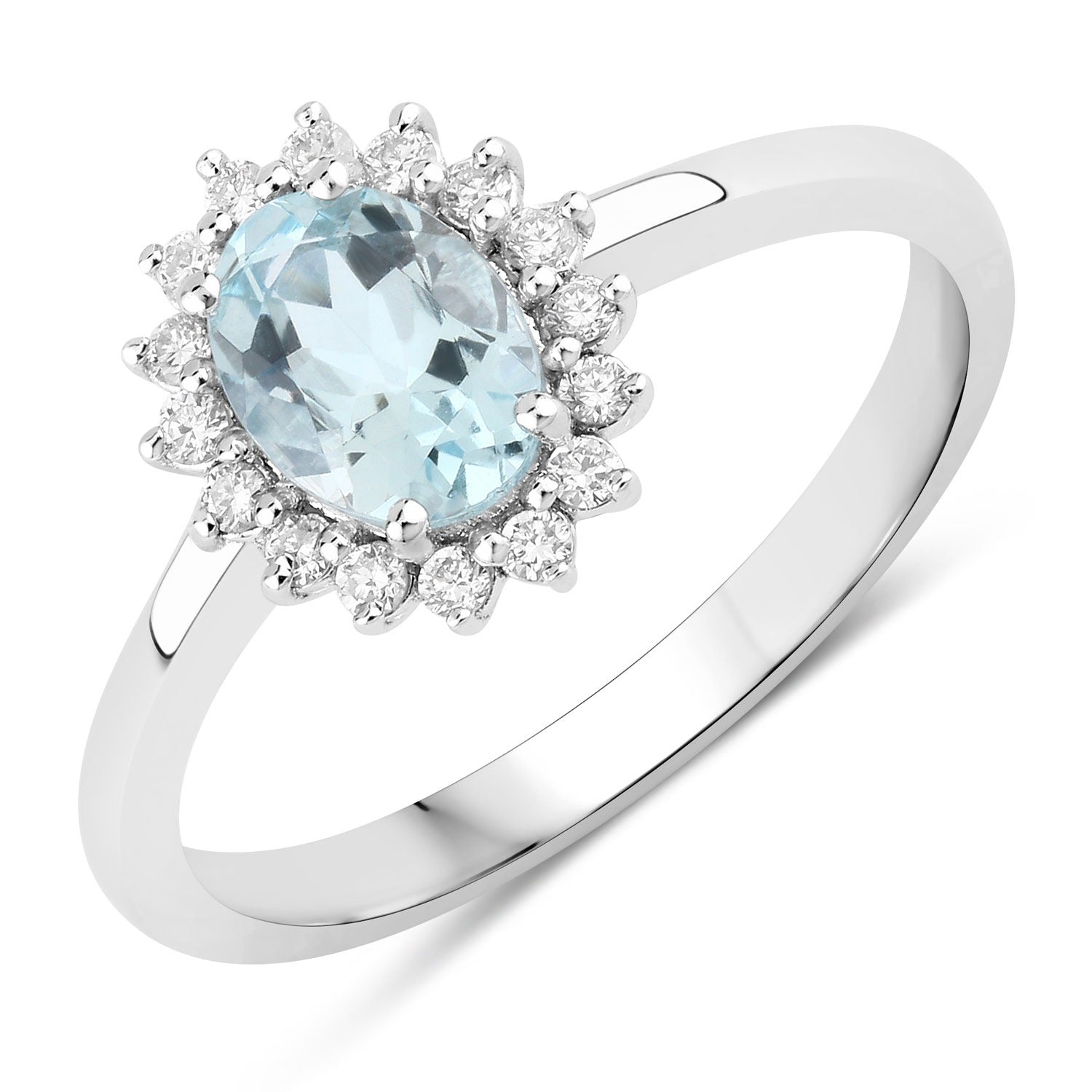 0.76 Ct Genuine Oval Aquamarine and Lab Diamond Silver Halo Ring Fine Color Jewels