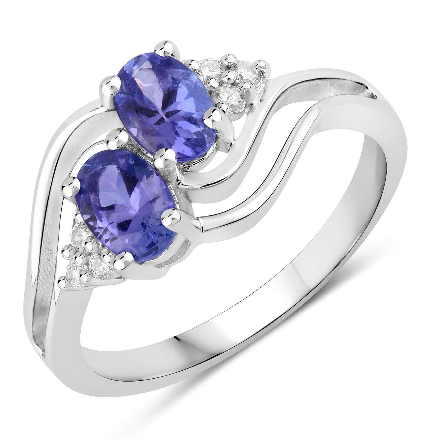 0.97 Ct Genuine Tanzanite and Lab Diamond Silver Bypass Promise Ring Fine Color Jewels