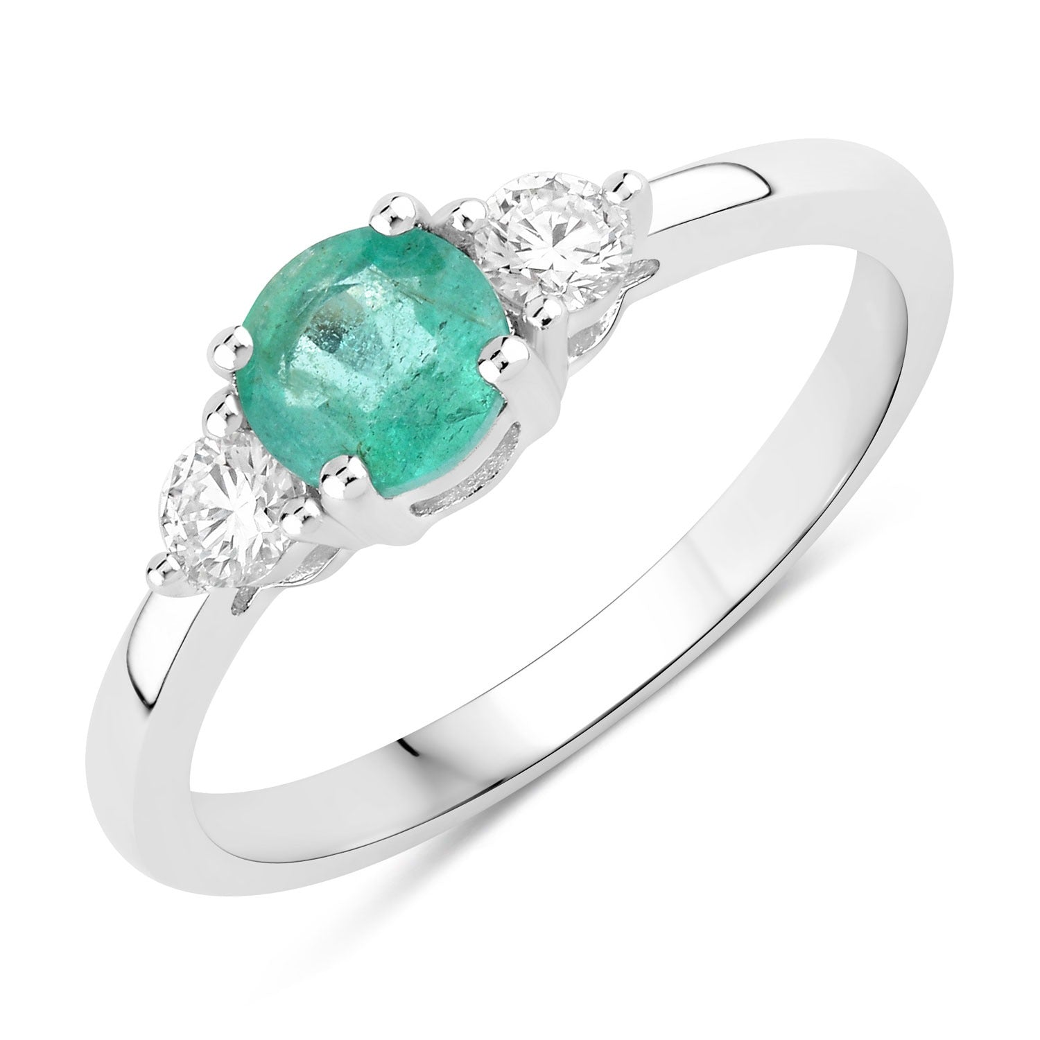 0.64 Ct Genuine Zambian Emerald and Lab Diamond Silver 3 Stone Ring Fine Color Jewels