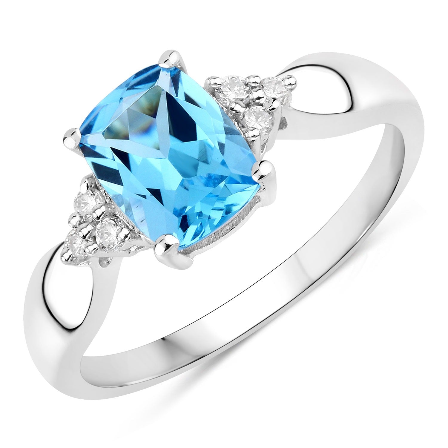 1.60 Ct Genuine Swiss Blue Topaz and Lab Diamond Silver Cushion Cut Cocktail Ring Fine Color Jewels