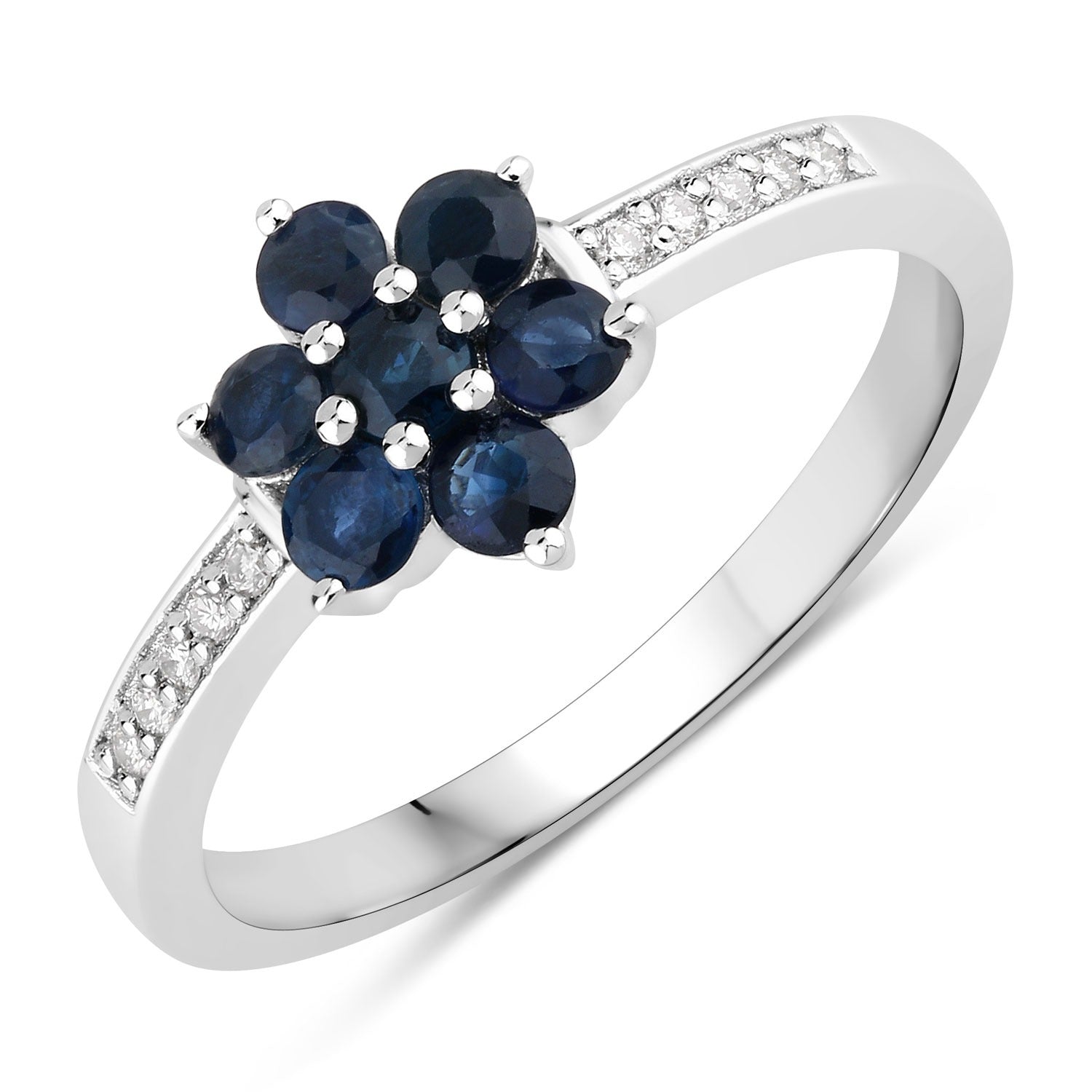 0.55 Ct Genuine Blue Sapphire and Lab Diamond Silver Floral Ring Fine Color Jewels