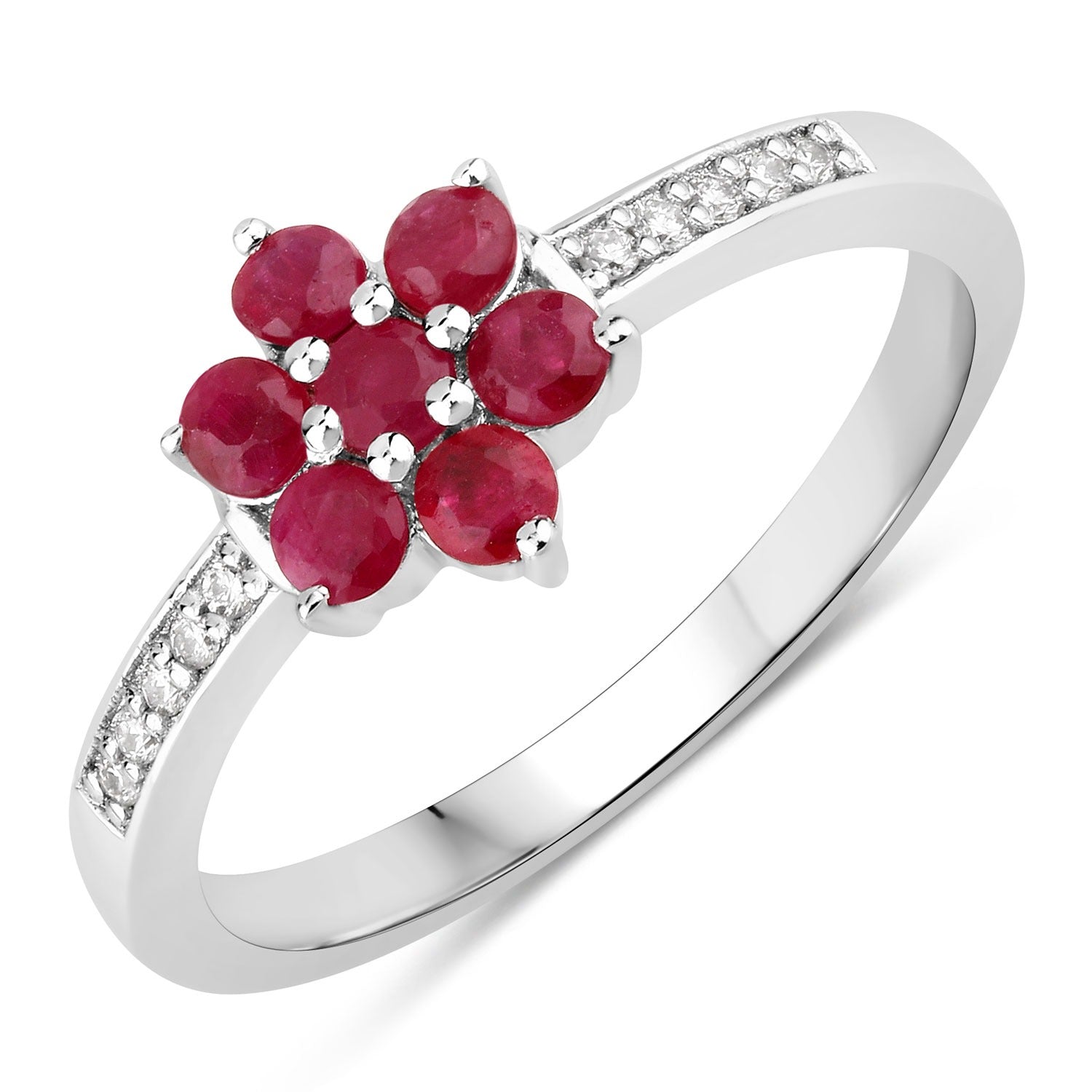 0.55 Ct Genuine Mozambique Ruby and Lab Diamond Silver Floral Ring Fine Color Jewels