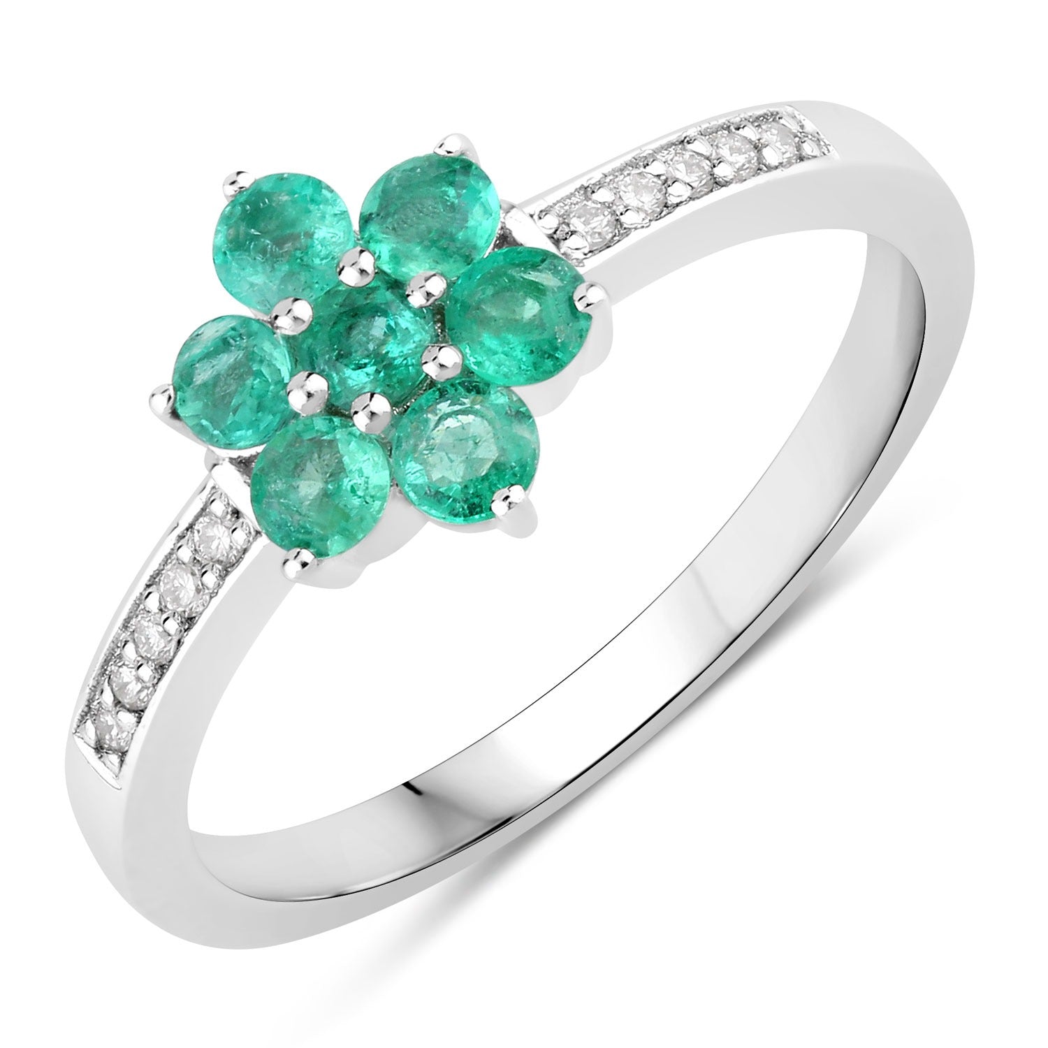 0.48 Ct Genuine Zambian Emerald and Lab Diamond Silver Floral Ring Fine Color Jewels