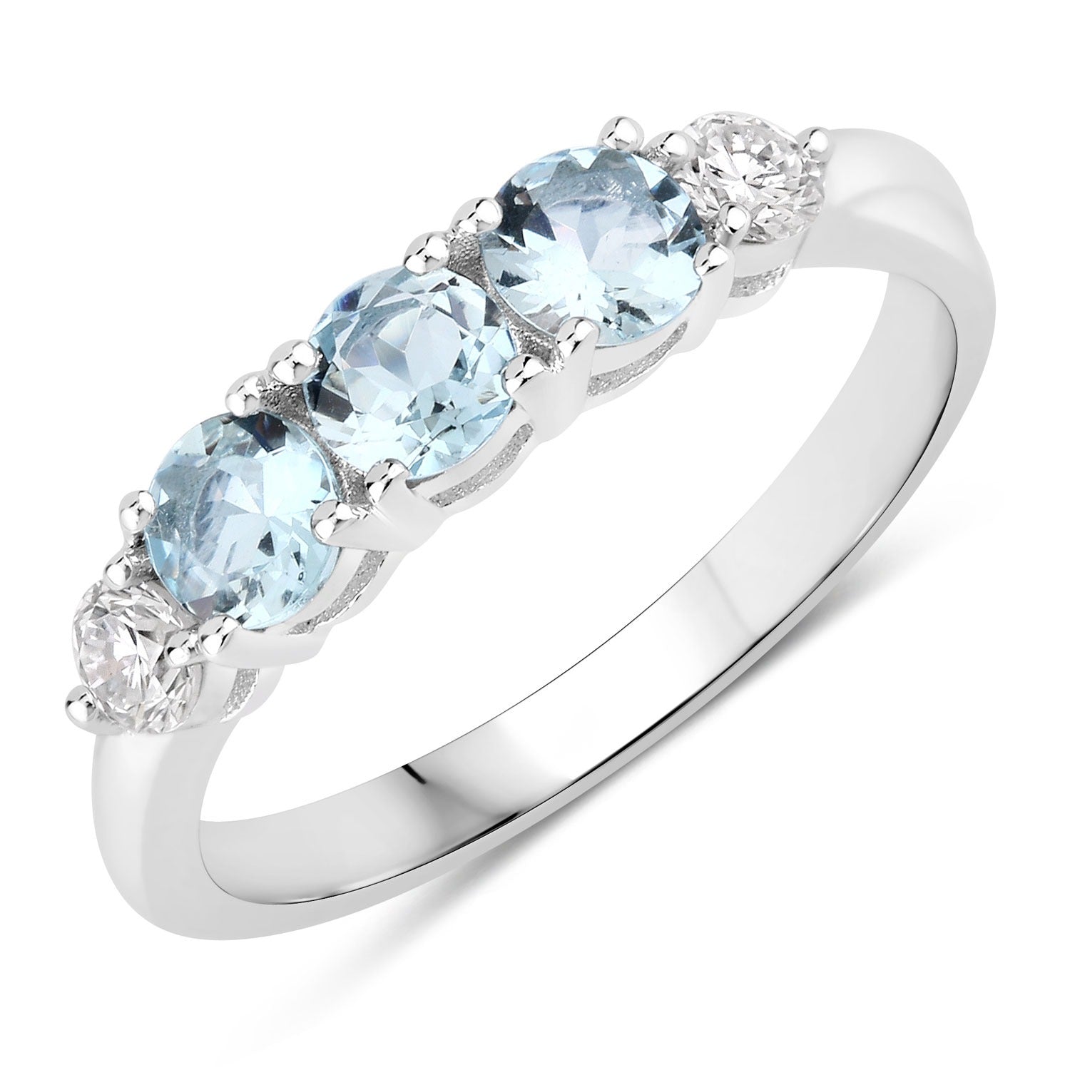 0.88 Ct Genuine Aquamarine and Lab Diamond Silver 5 Stone Ring Fine Color Jewels