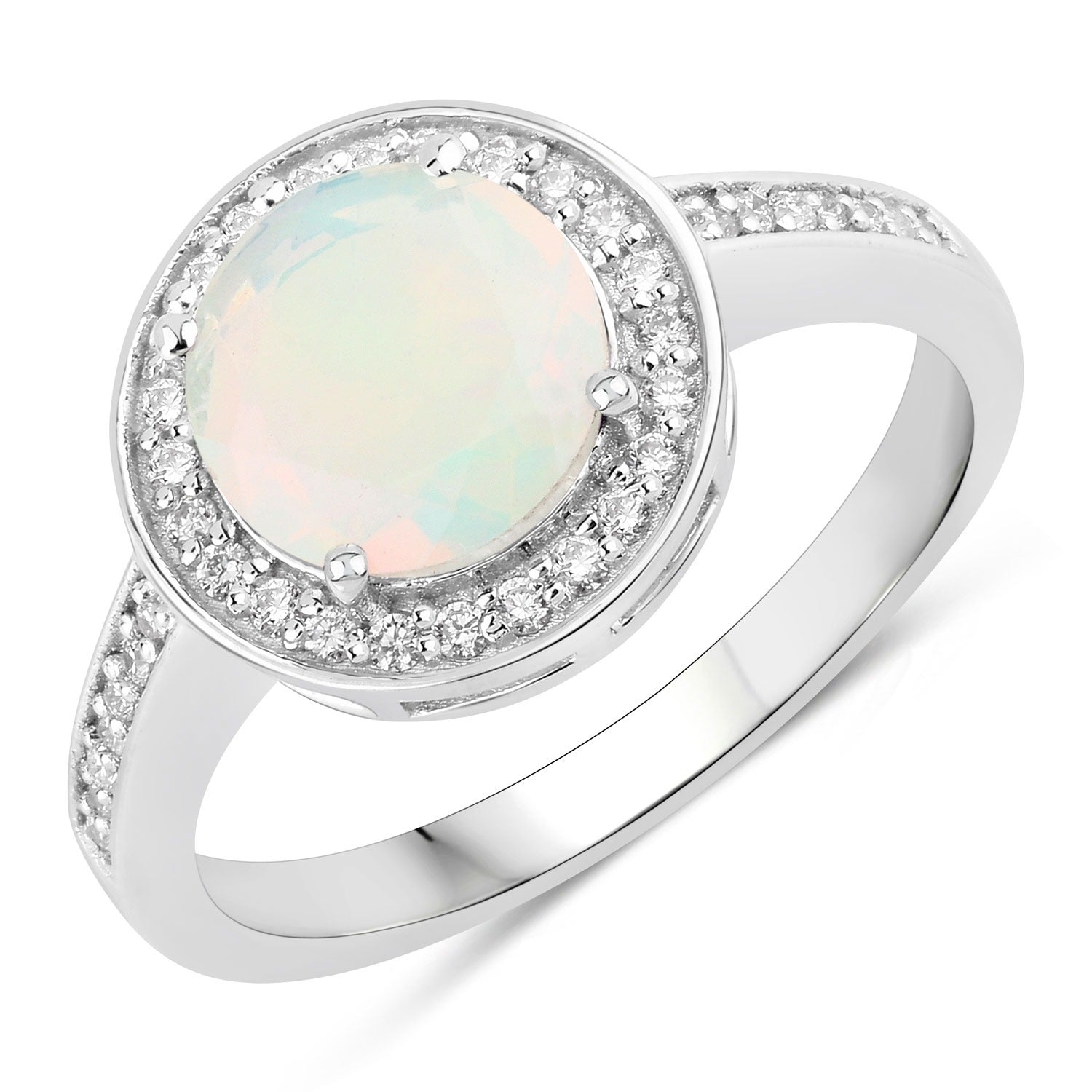 1.11 Ct Genuine Ethiopian Opal and Lab Diamond Silver Halo Ring