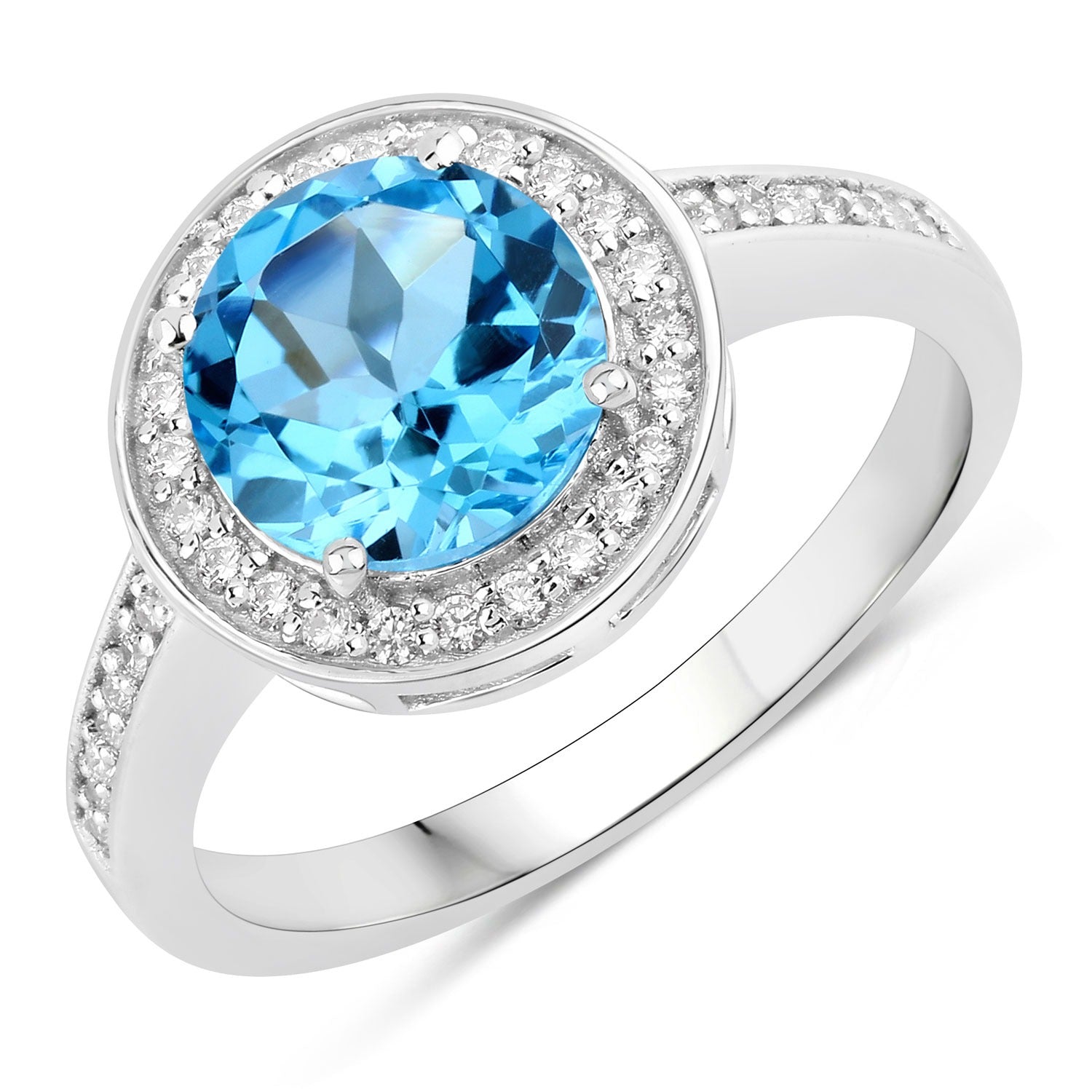 2.46 Ct Genuine Swiss Blue Topaz and Lab Diamond Silver Halo Ring