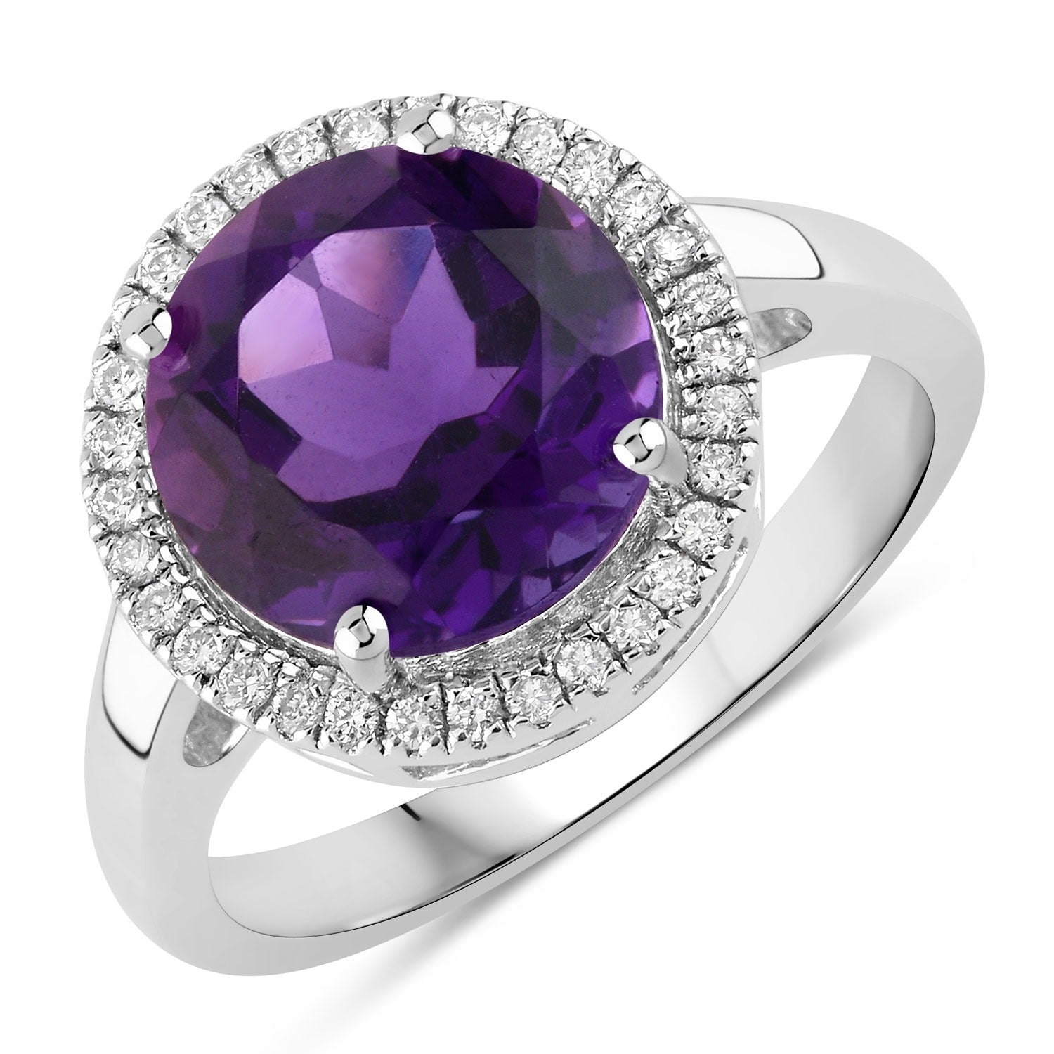 3.49 Carat Genuine Round Amethyst and Lab Grown Diamond Silver Halo Ring