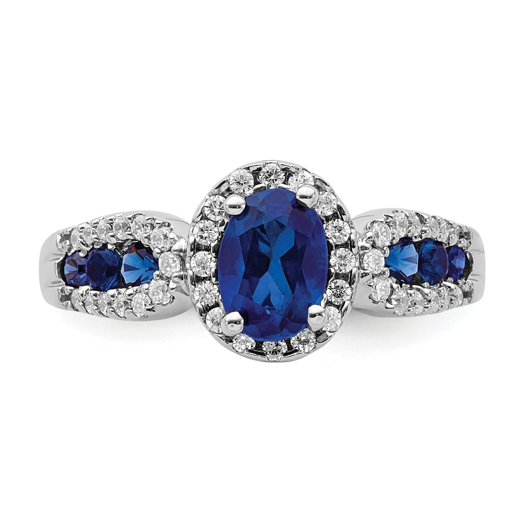 1.38 Ct Oval Blue Created Sapphire With Diamond Prong 14K Gold Engagement Halo Pave Ring