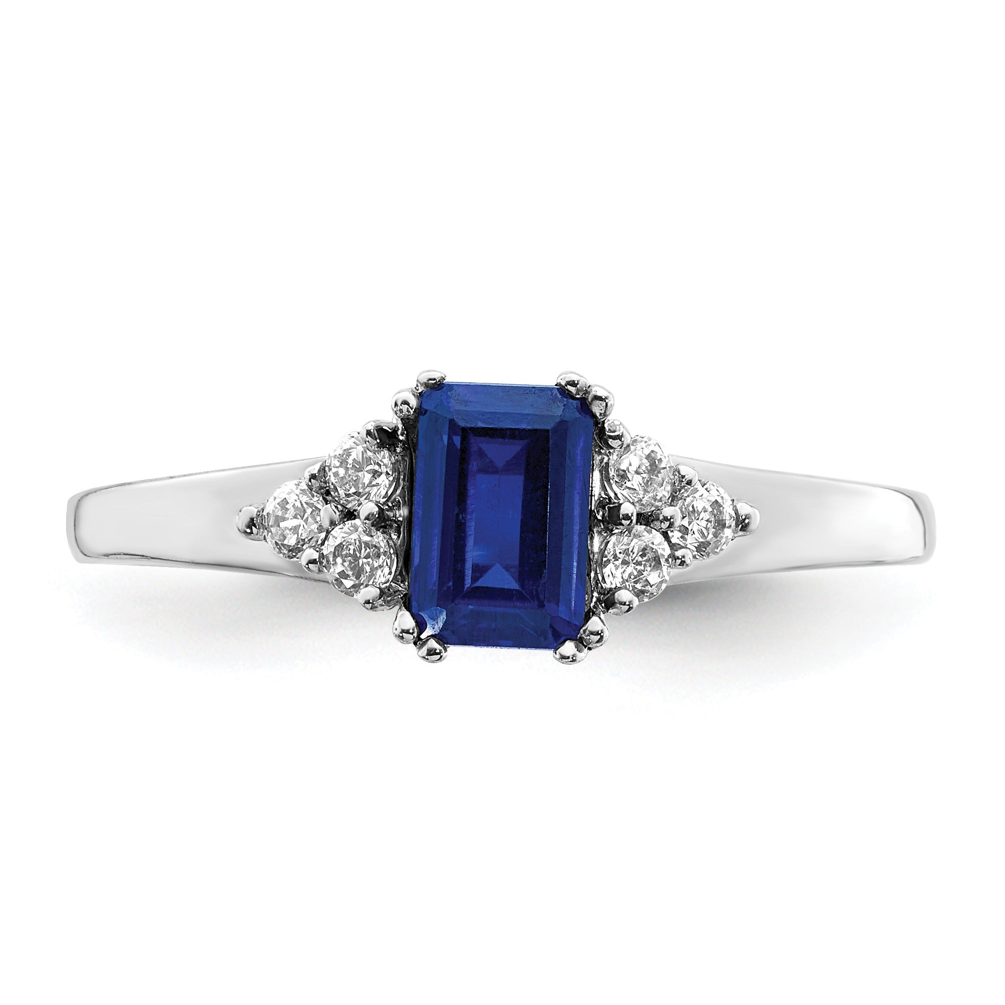 0.68 Ct Emerald Cut Blue Sapphire & Diamond Prong 14K White Gold Cluster Ring