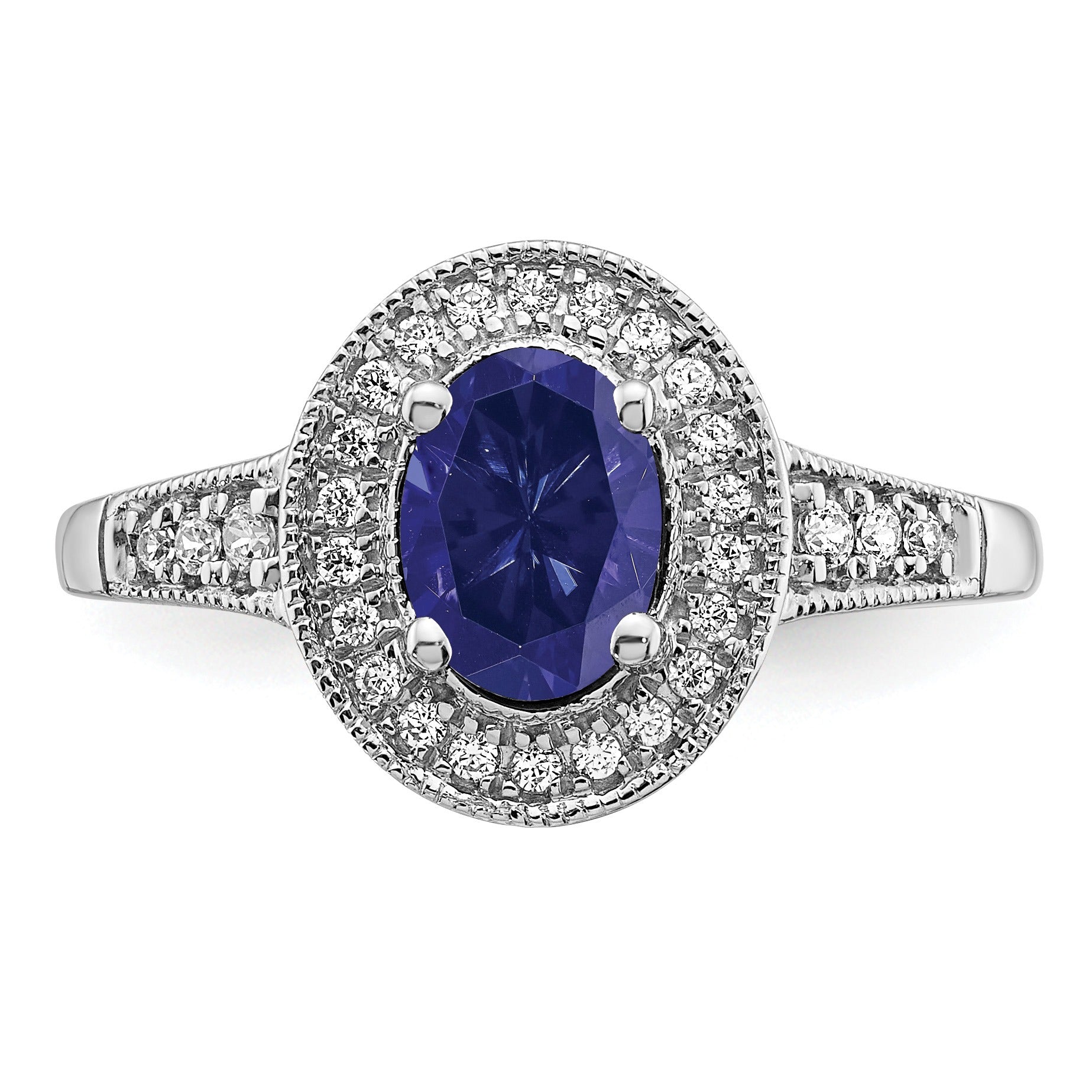 0.68 Ct Oval Lab Created Blue Sapphire and Diamond Prong 14K White Gold Halo Side Pave Ring