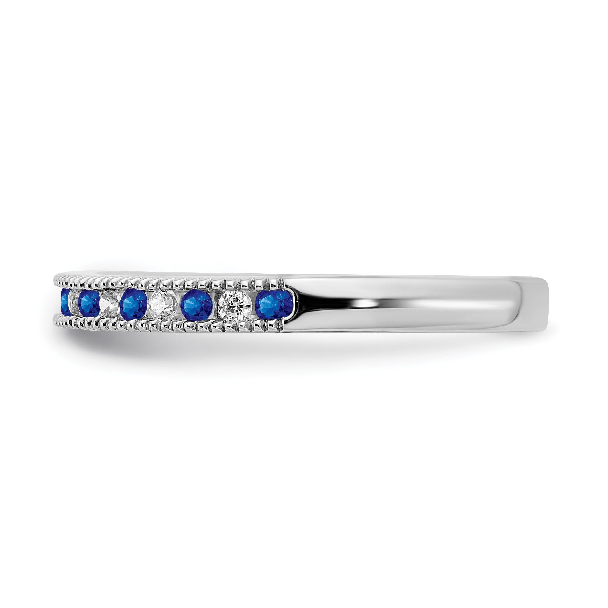 0.58 Ct Round Blue Sapphire & Diamond 14K White Gold Milgrain Band Ring