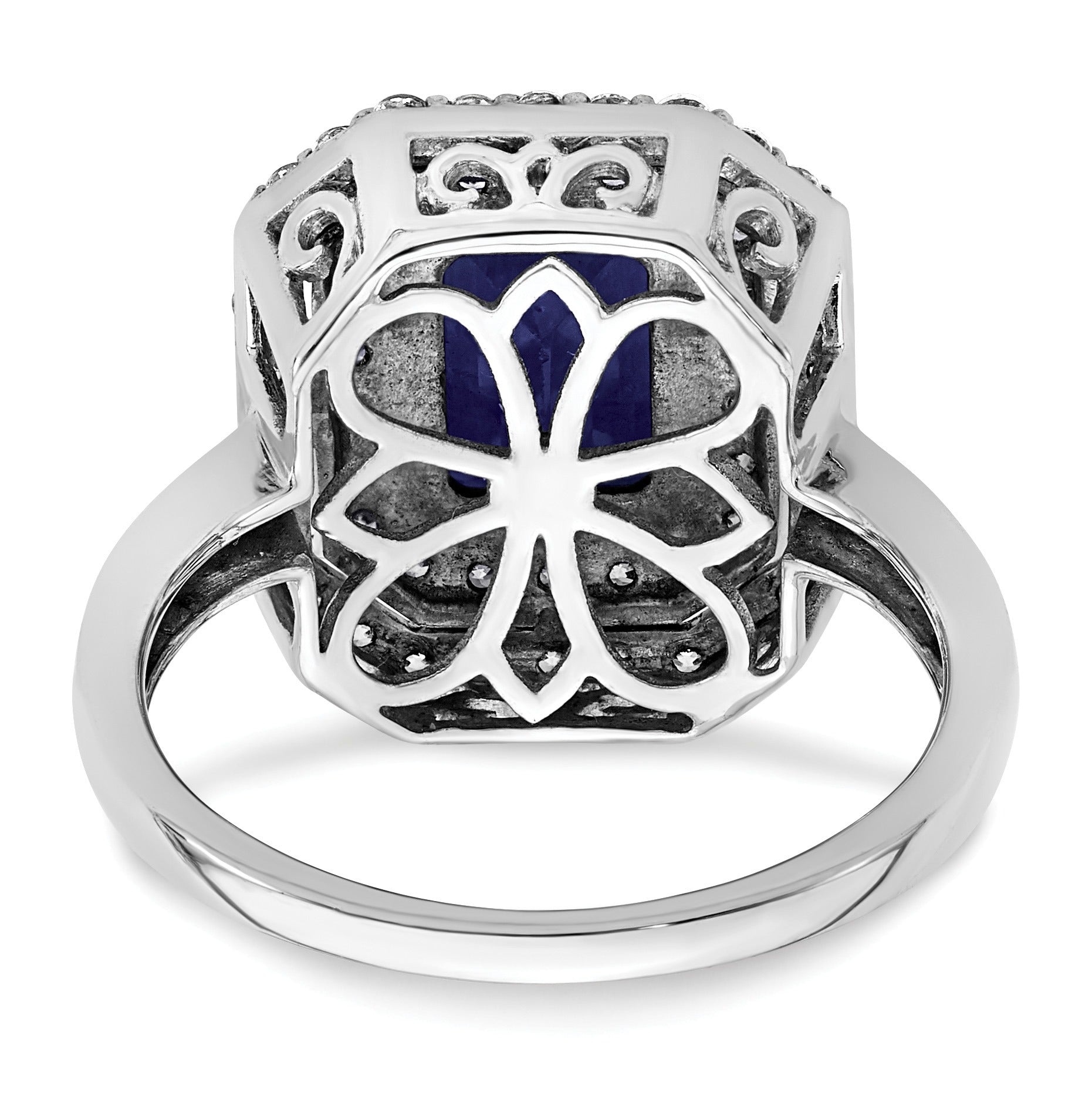 Emerald Cut Lab Created Blue Sapphire and Diamond 14K White Gold Double Halo Ring