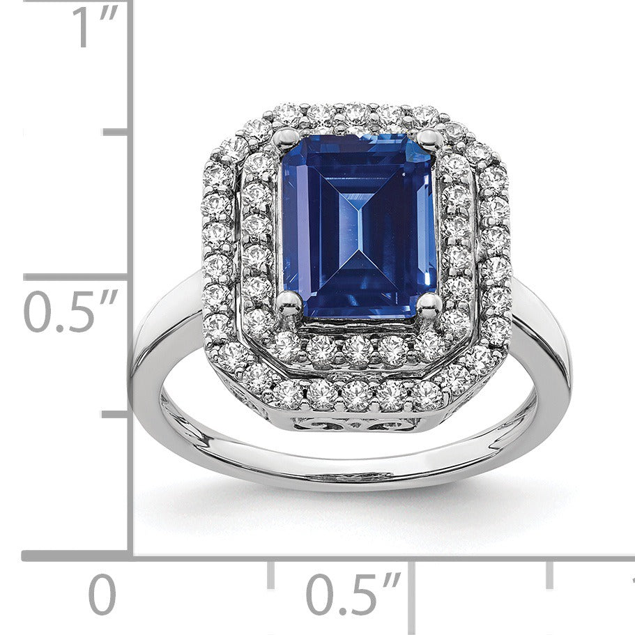 Emerald Cut Lab Created Blue Sapphire and Diamond 14K White Gold Double Halo Ring