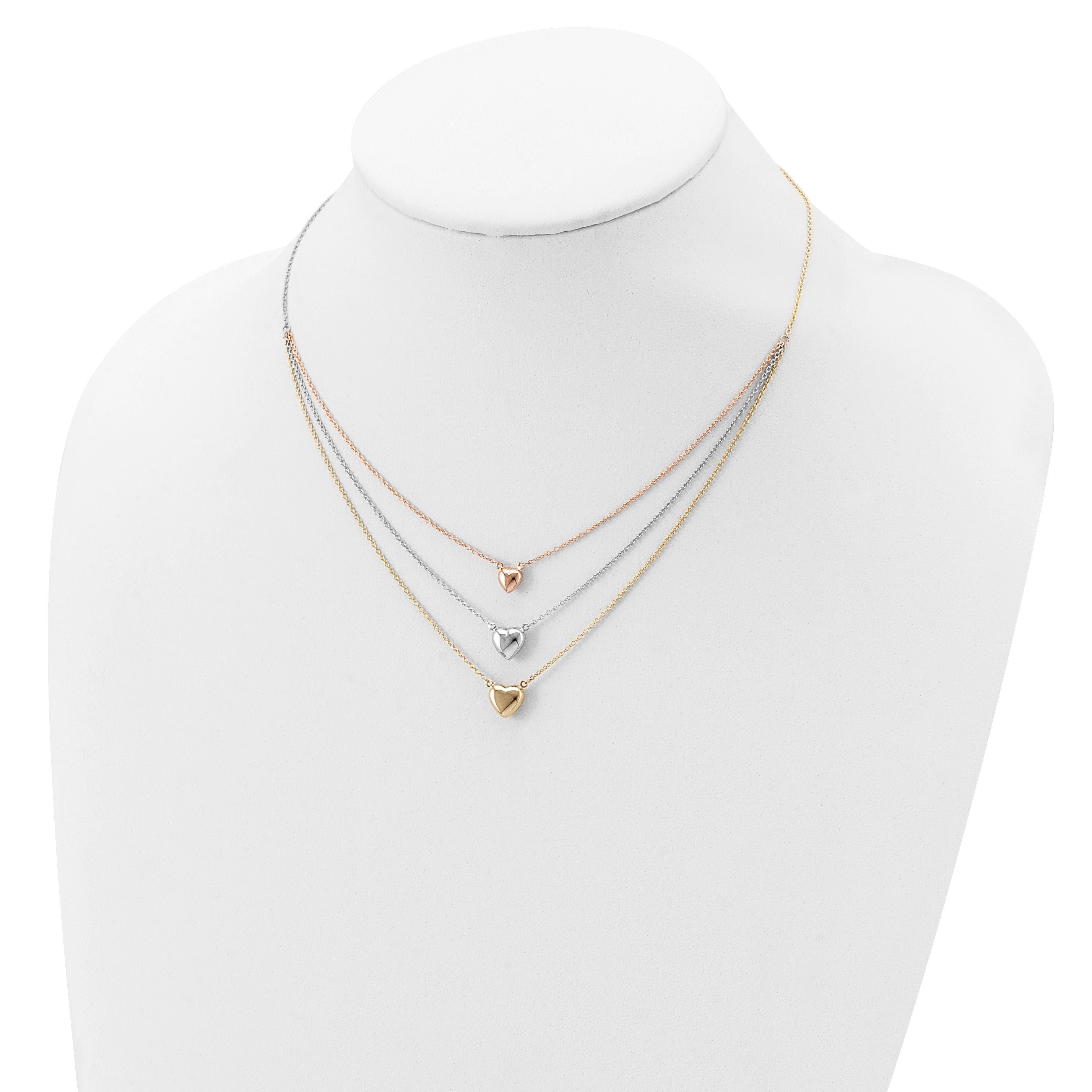 Tri-color Three Hearts 14K Gold Layered Cable Chain Necklace