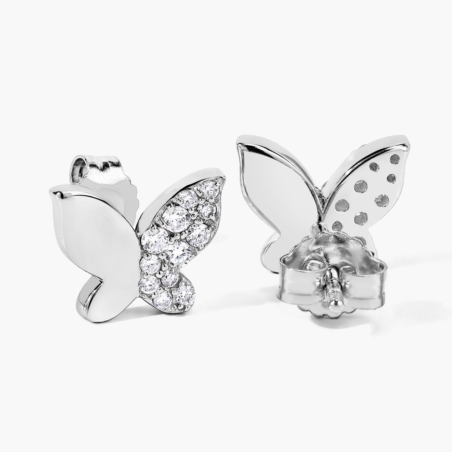 0.34 Cttw Round White Lab Diamond Pavé Rhodium Plated Silver Half Pavé Butterfly Stud Earrings