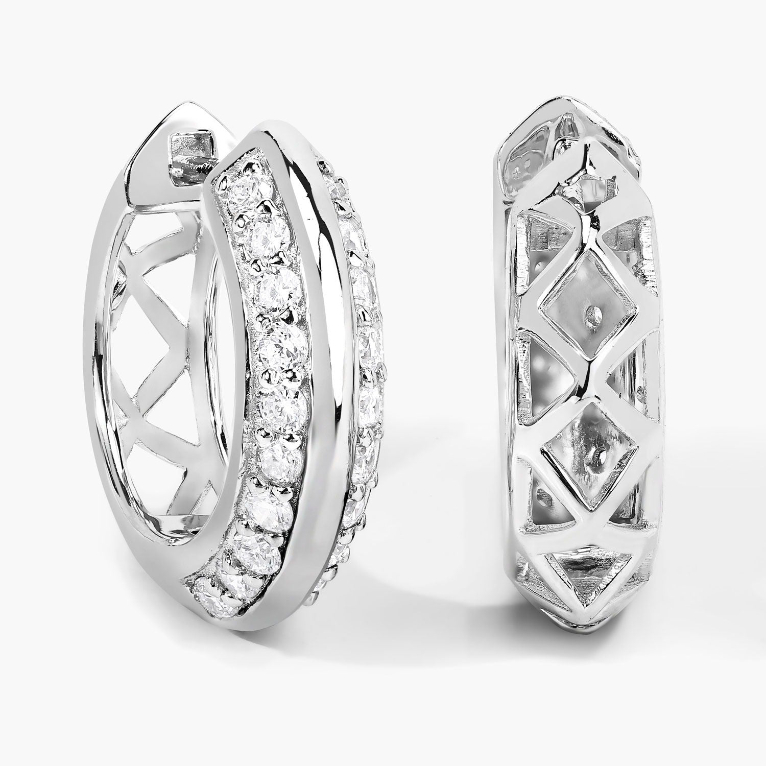 1.00 Cttw Round White Lab Diamond Pavé Rhodium Plated Silver Double Row Huggie Hoop Earrings