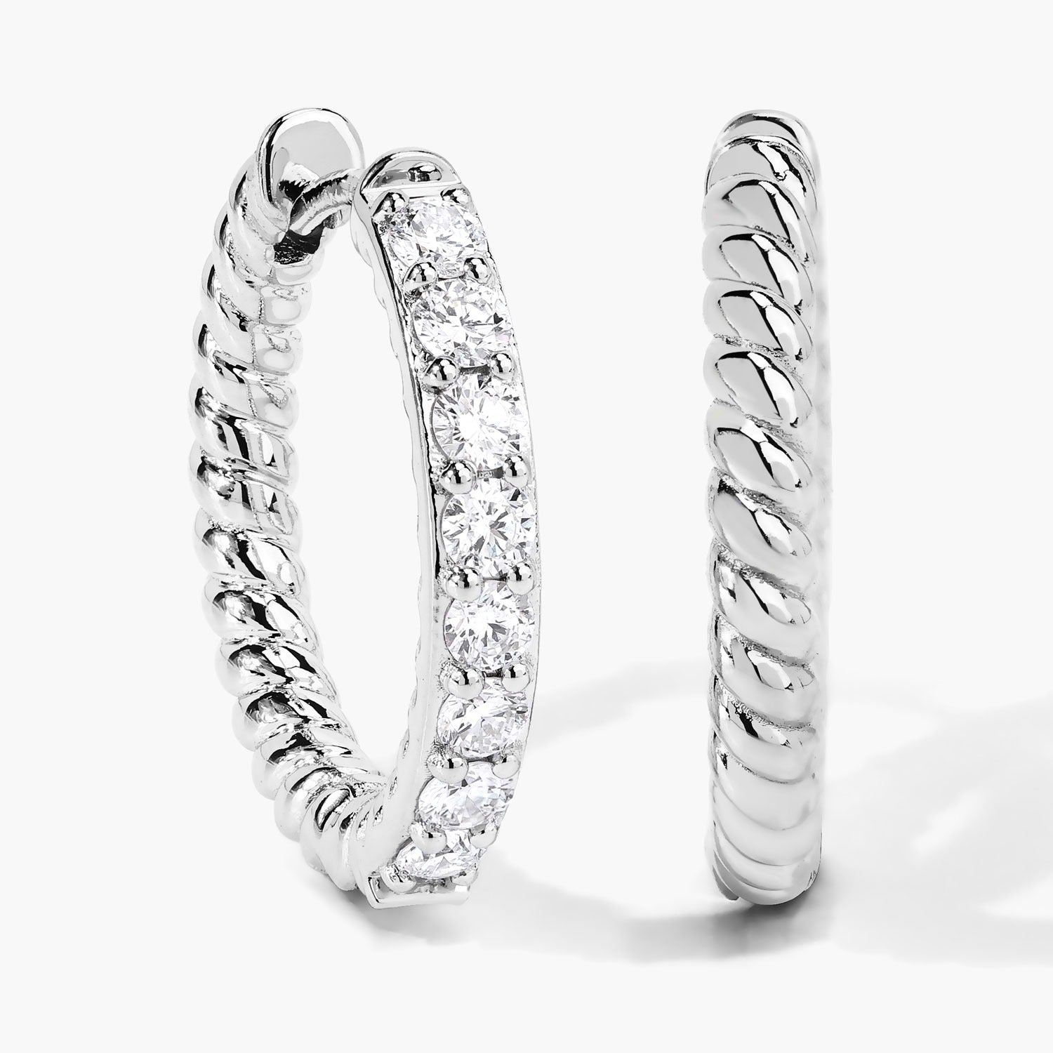 1.00 Cttw Round White Lab Diamond Shared Prong Rhodium Plated Silver Huggie Hoop Clip On Earrings