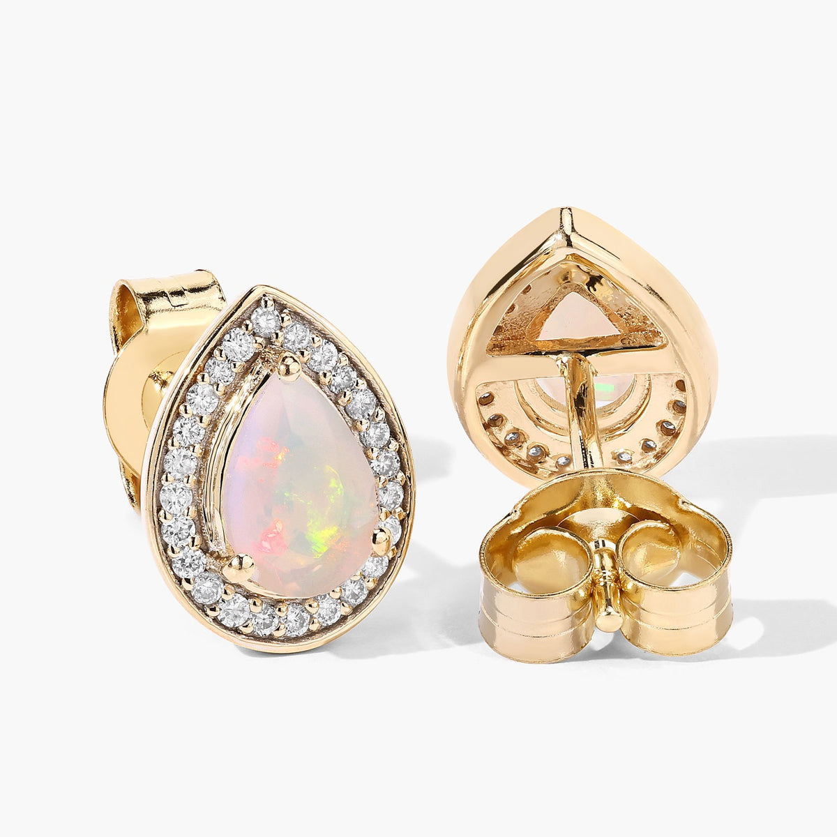 0.64 Cttw Pear White Ethiopian Opal White Diamond 14K Yellow Gold Halo Stud Earrings