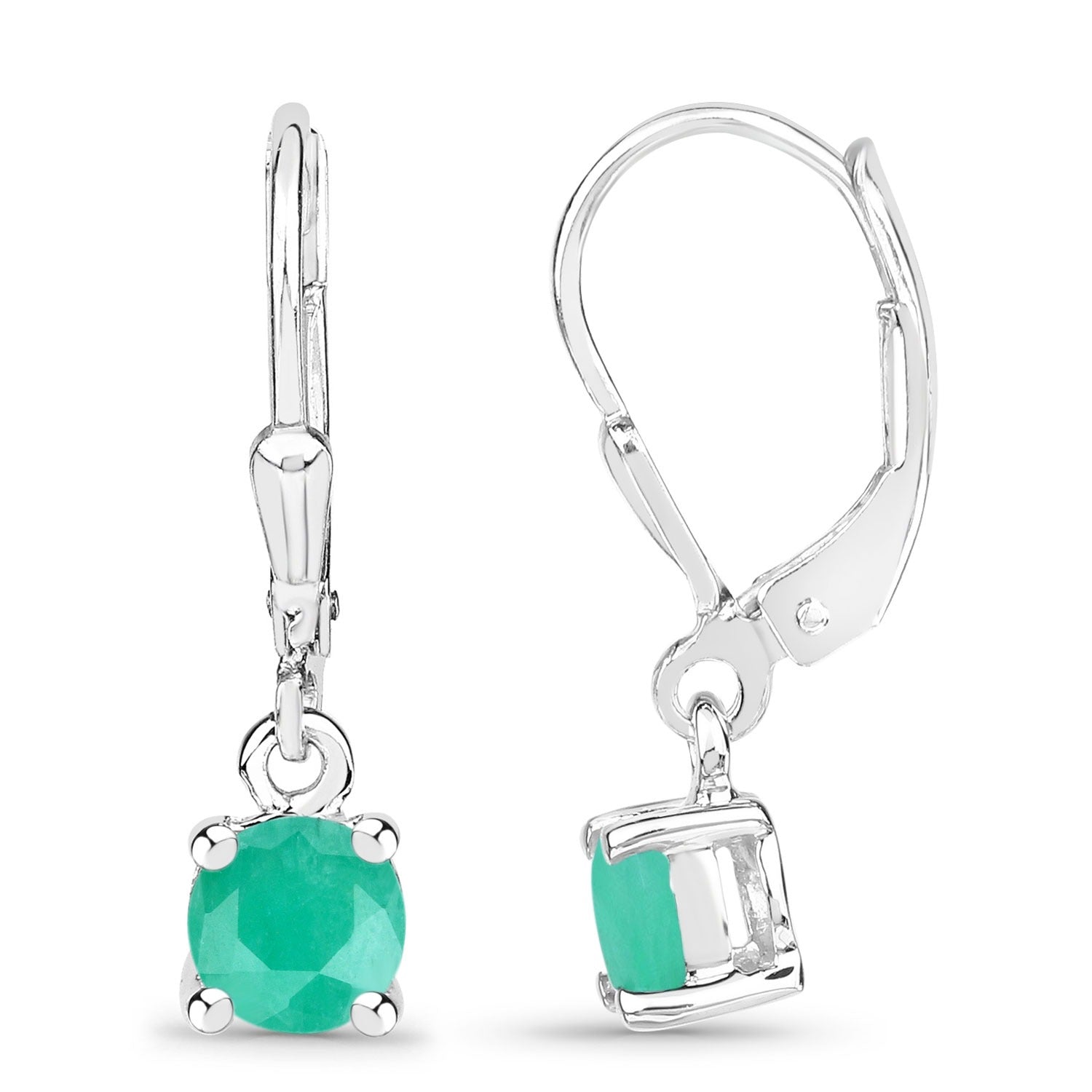 0.92 Ct Green Round Emerald Prong 925 Silver Dangle Lever Back Earrings