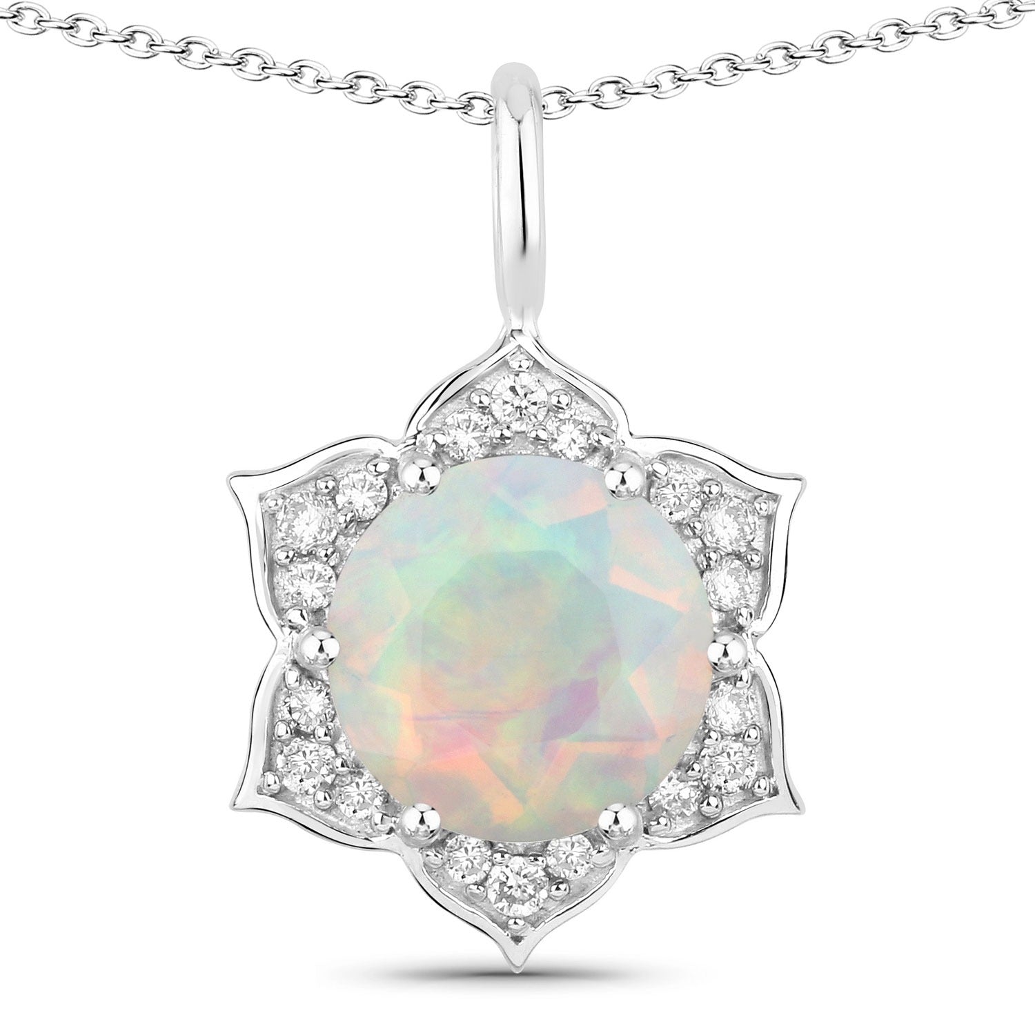 1.03 Ct Genuine Ethiopian Opal and Lab Diamond  Silver Star Necklace