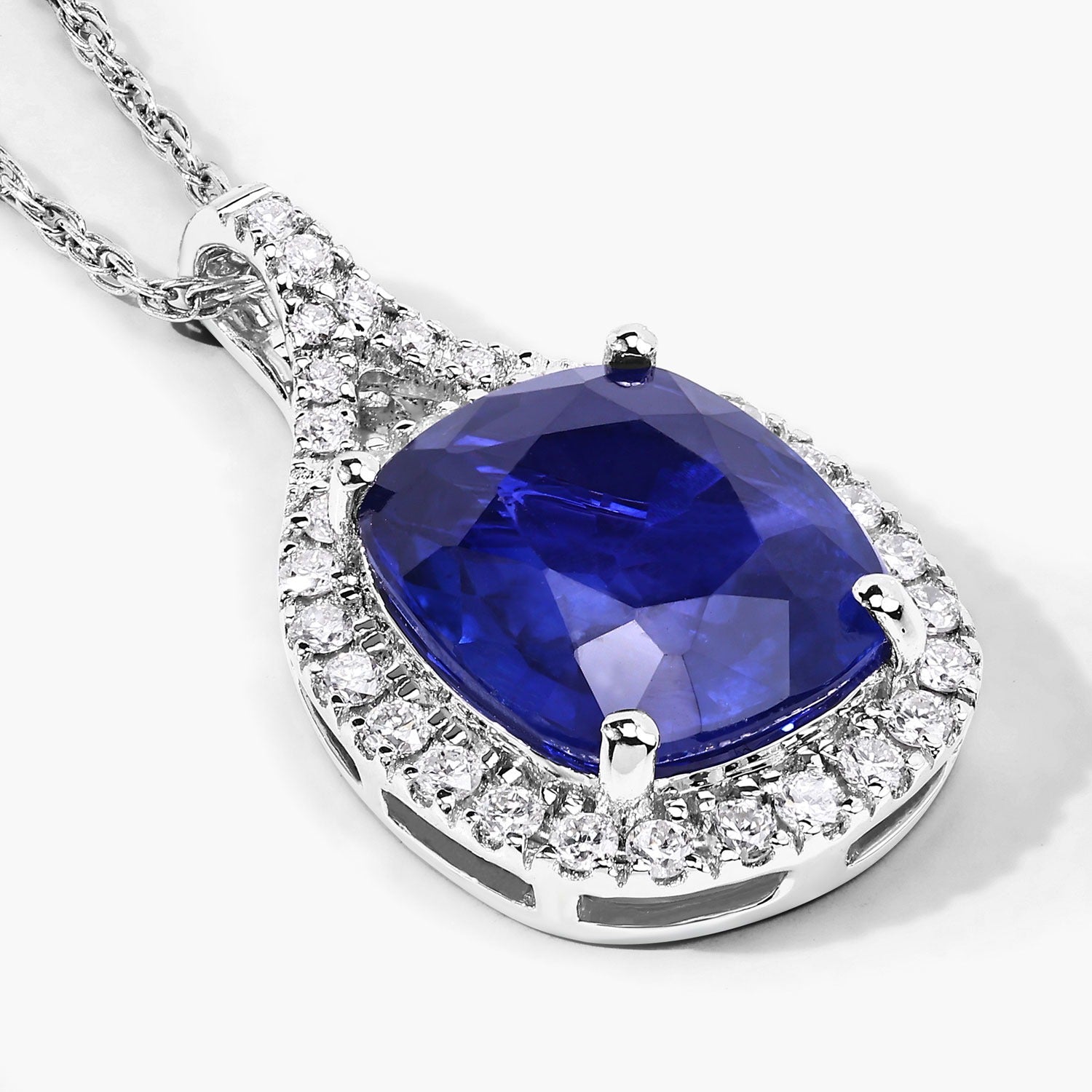2.73 Ct Genuine Cushion Ceylon Blue Sapphire and Diamond 18K White Gold Halo Pendant