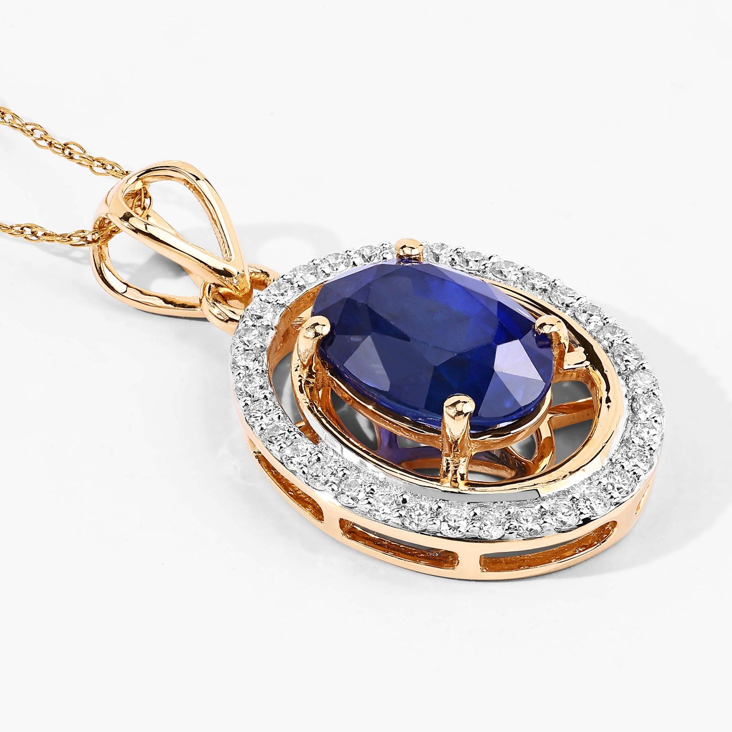 2.59 Ct Genuine Oval Ceylon Blue Sapphire and Diamond 18K Yellow Gold Statement Pendant