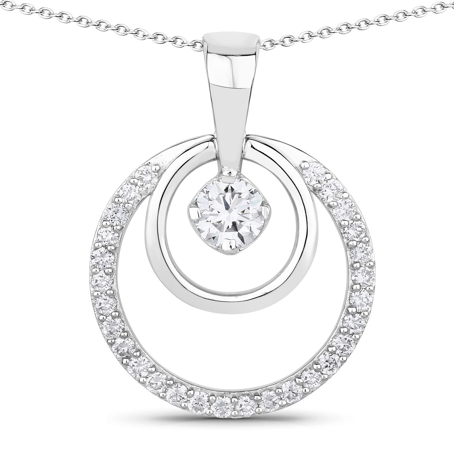 1 Cttw Round White Lab Grown Diamond Prong Rhodium Plated Silver Double Circle Halo Pendant