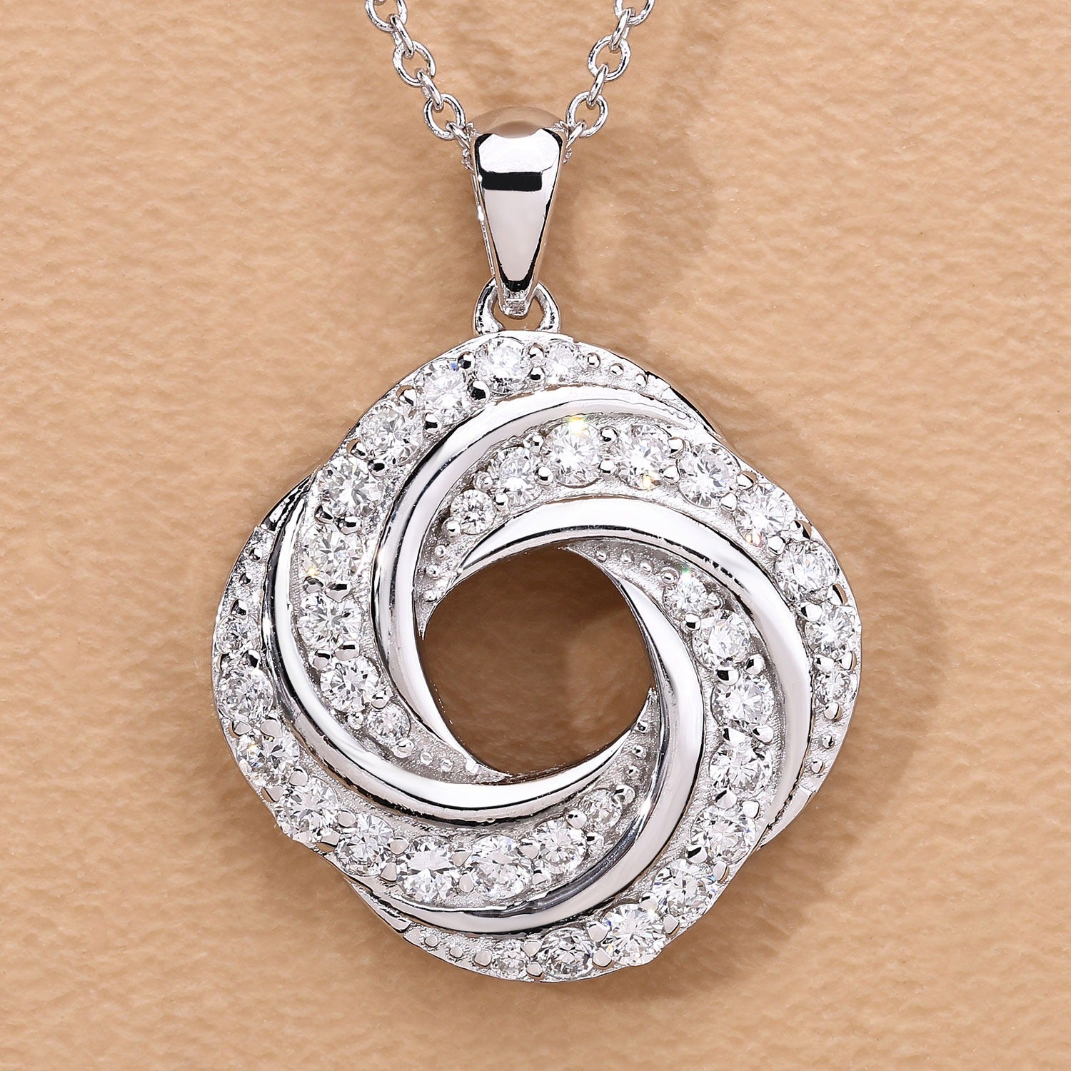 1 Cttw Round Lab Diamond Prong Rhodium Plated Silver Swirl Love Knot Pendant