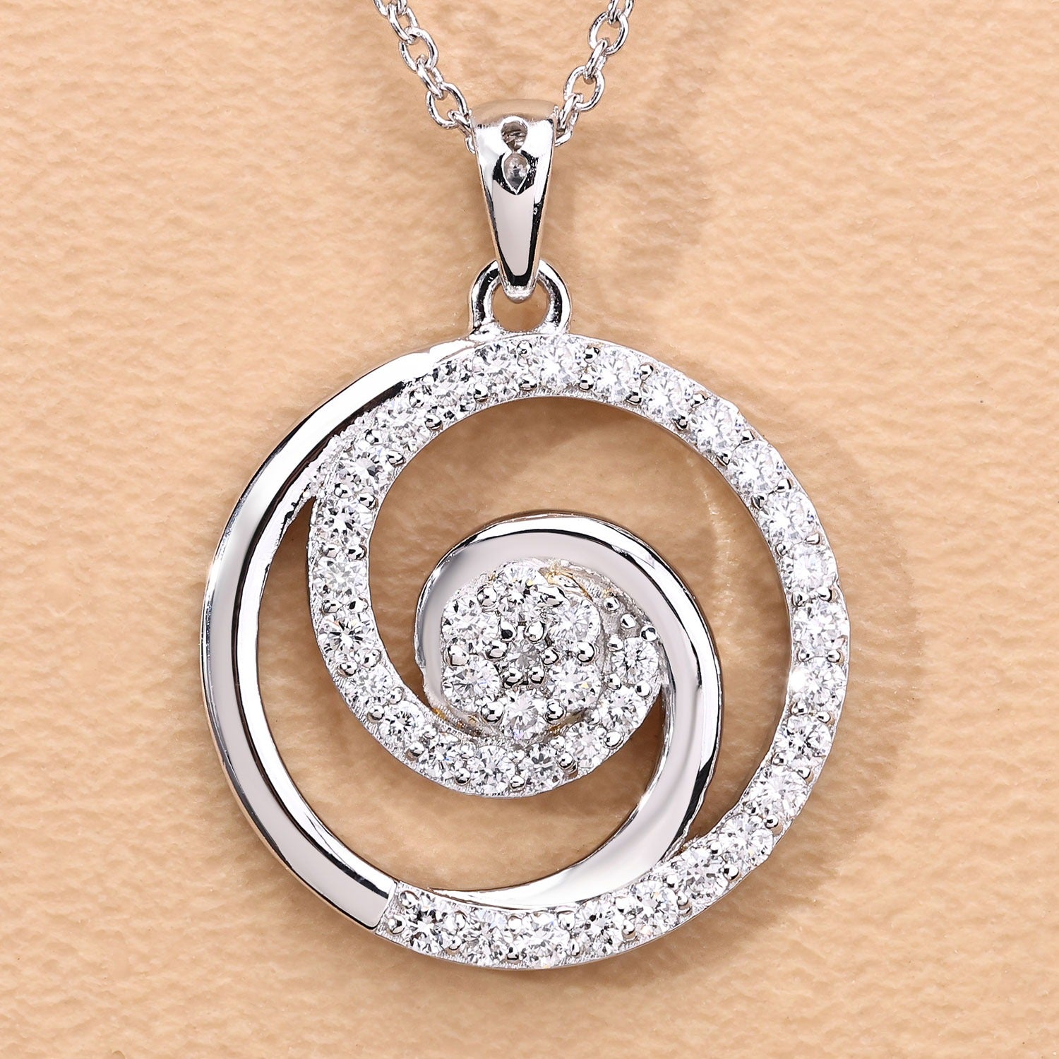 0.75 Cttw Round Lab Diamond Prong Rhodium Plated Silver Spiral Galaxy Circle Pendant