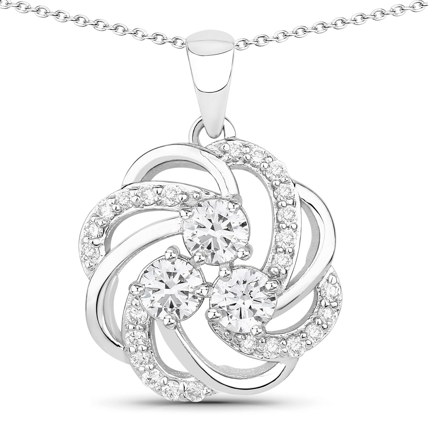1 Cttw Round Lab Diamond Prong Rhodium Plated Silver Three Stone Swirl Flower Pendant