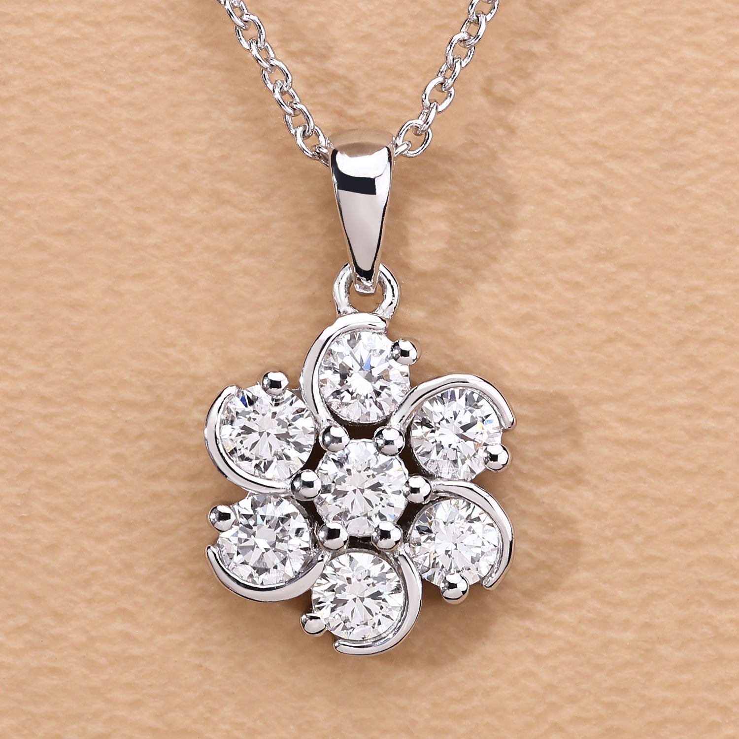 1 Cttw Round Lab Diamond Prong Rhodium Plated Silver Floral Cluster Pendant