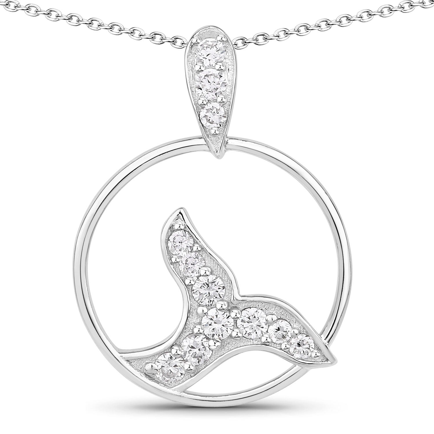 0.34 Cttw Round Lab Diamond Prong Rhodium Plated Silver Whale Tail Circle Pendant