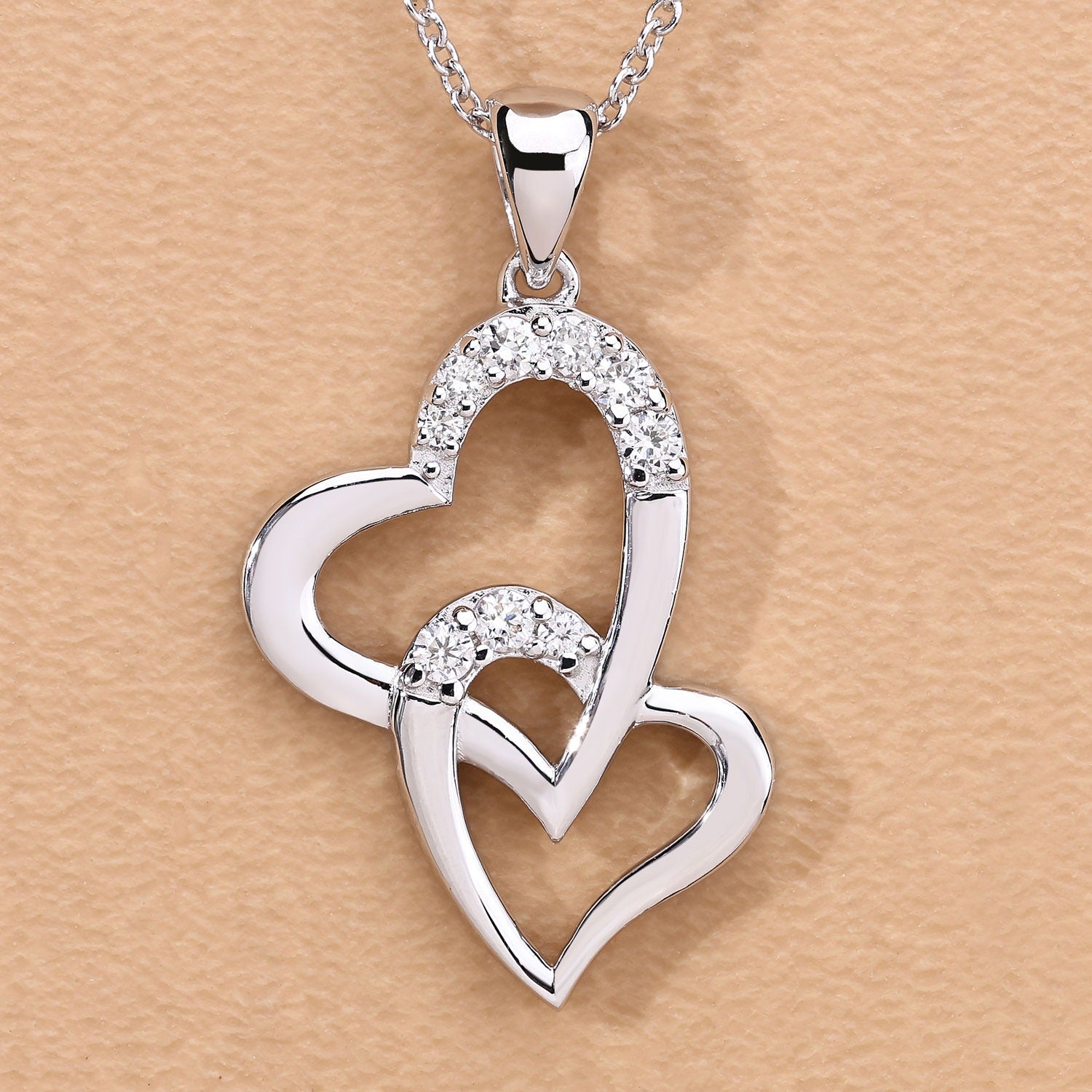 0.26 Cttw Round Lab Diamond Prong Rhodium Plated Silver Intertwined Double Heart Pendant
