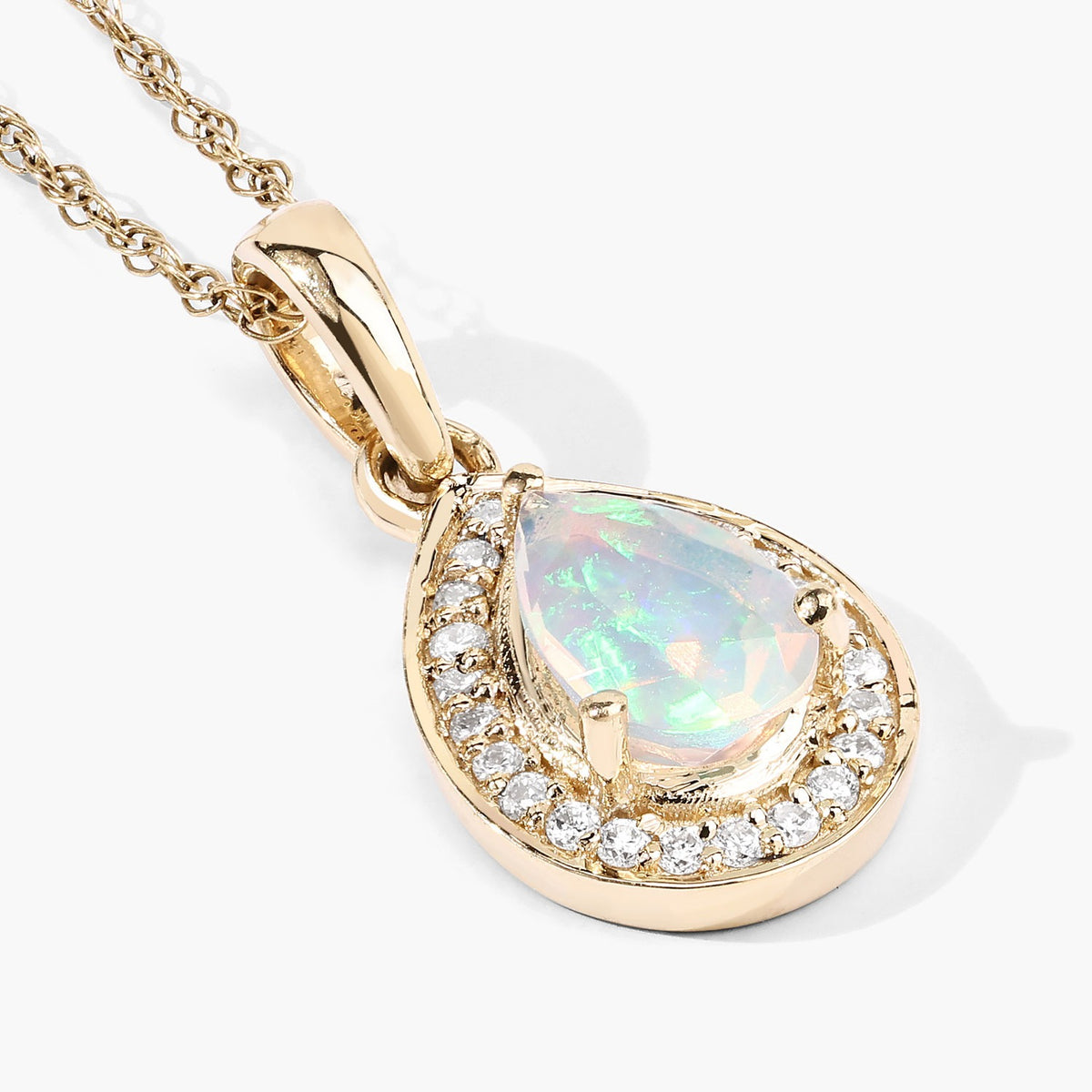 0.31 Cttw Pear White Ethiopian Opal White Diamond 14K Yellow Gold Teardrop Halo Pendant