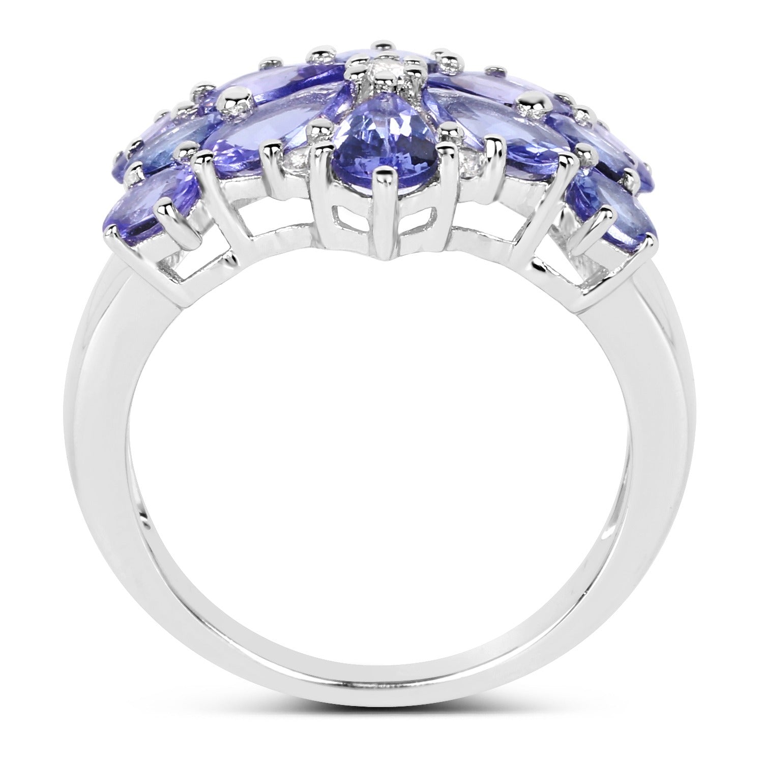 3.36 Ct Pear & Oval Violet Tanzanite Prong Rhodium Plated Silver Floral Cluster Ring