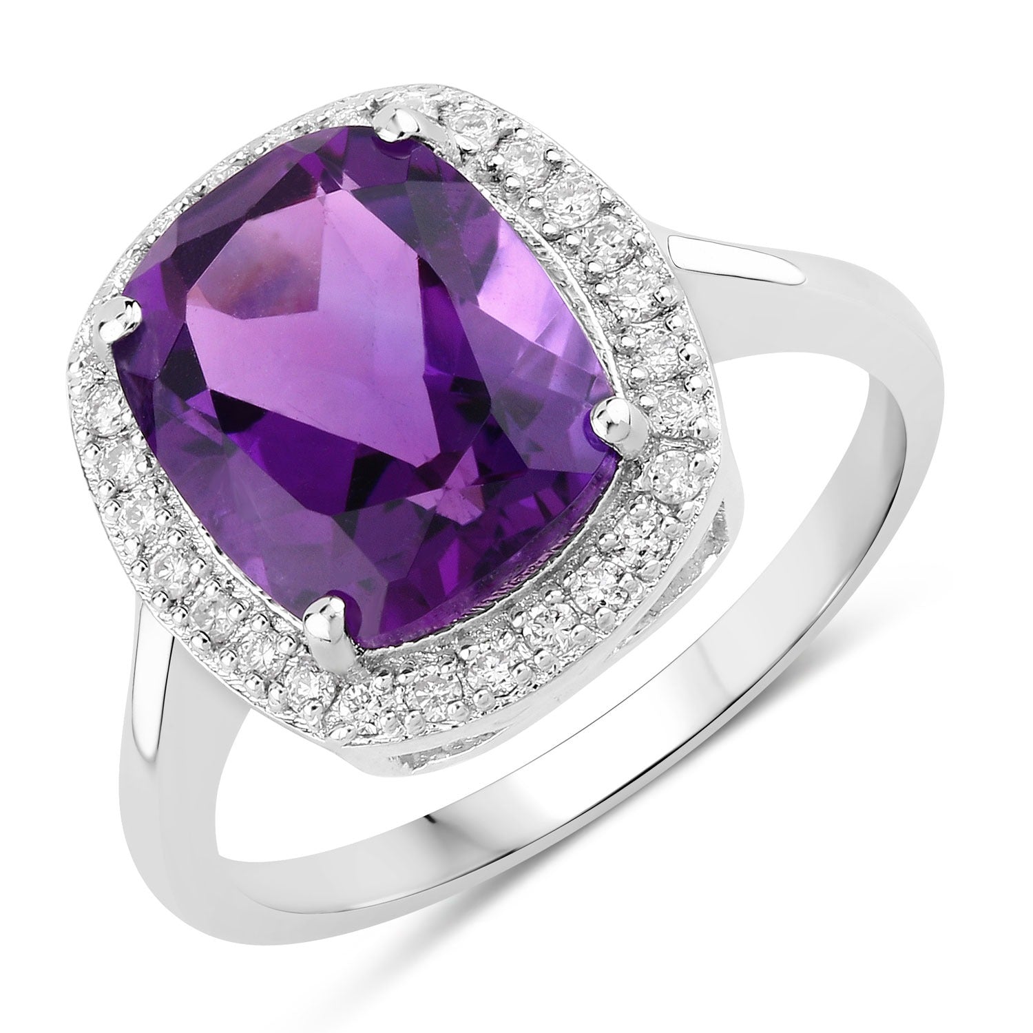 4.01 Ct Genuine Amethyst and Lab Diamond Silver Halo Ring Fine Color Jewels